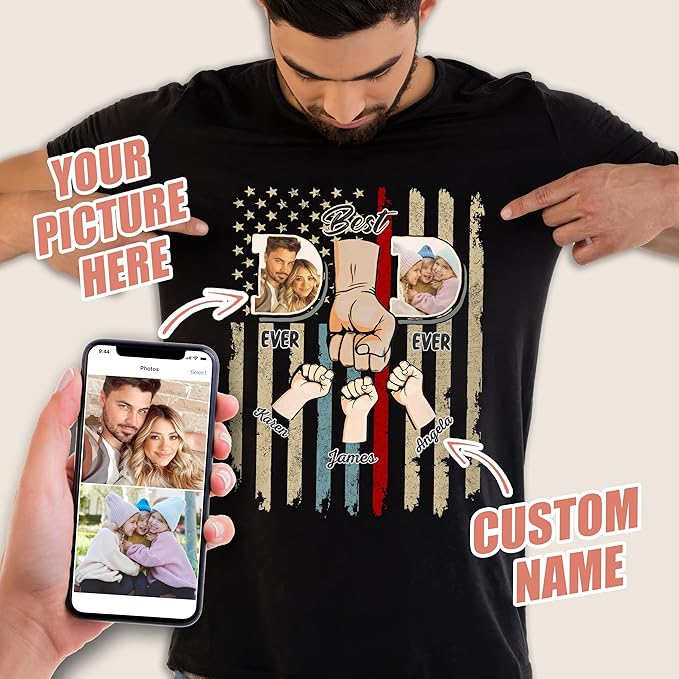 Mit & Mia Custom Fathers Day Shirts, Personalized Best Dad Ever T-Shirt with Kids Name, Custom Dad Grandpa Shirt with Photo, for Husband, Gift from Kids