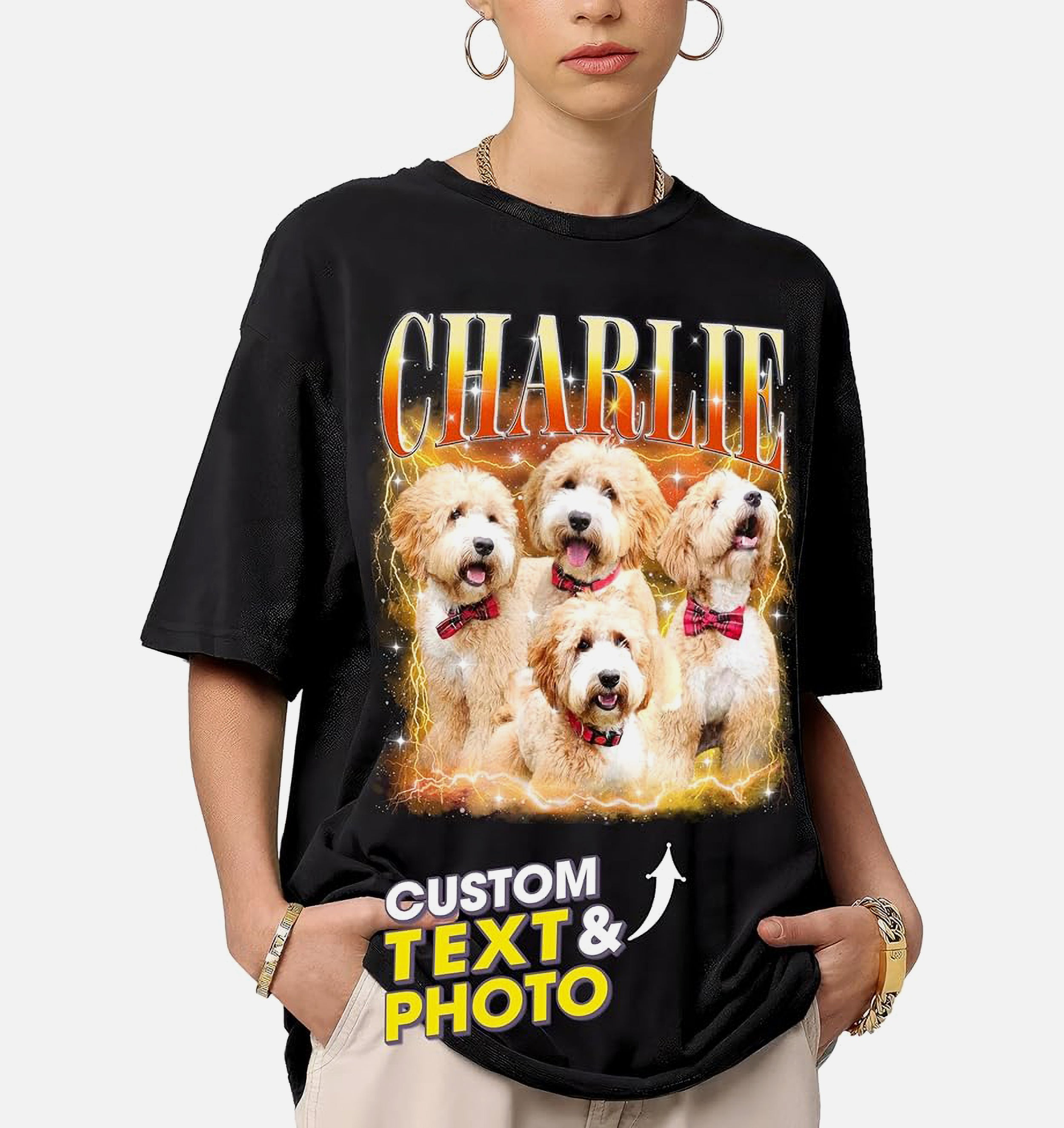 Mit & Mia Custom Your Own Bootleg Rap Tee Shirts Custom Bootleg Shirt Photo 90s Vintage Dog Shirt for Pet Lovers Graphic Tees Gifts for Dog Cat Lover