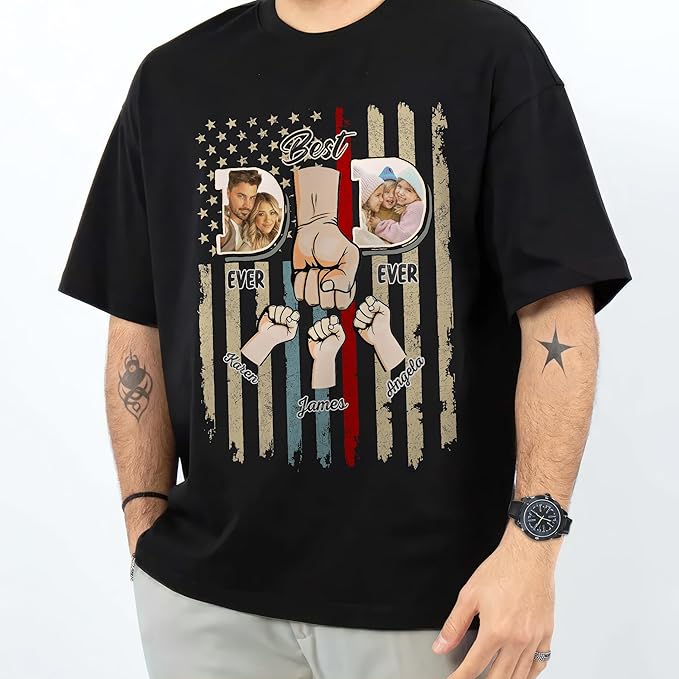 Mit & Mia Custom Fathers Day Shirts, Personalized Best Dad Ever T-Shirt with Kids Name, Custom Dad Grandpa Shirt with Photo, for Husband, Gift from Kids