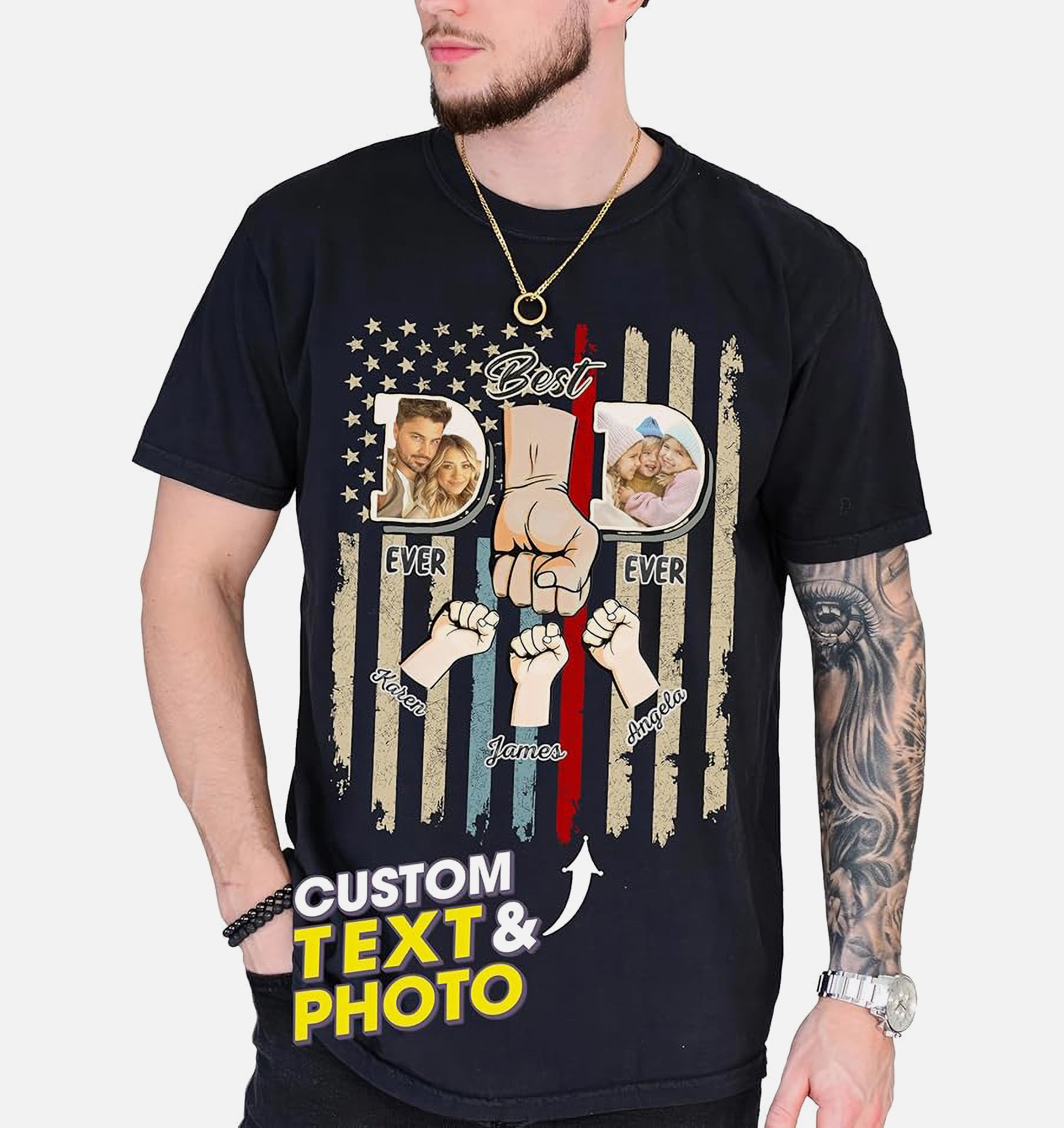Mit & Mia Custom Fathers Day Shirts, Personalized Best Dad Ever T-Shirt with Kids Name, Custom Dad Grandpa Shirt with Photo, for Husband, Gift from Kids