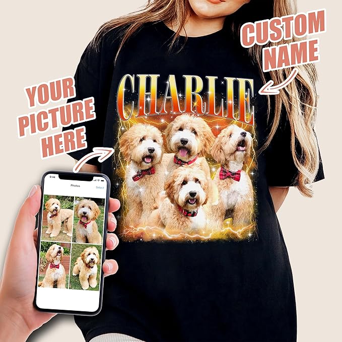 Mit & Mia Custom Your Own Bootleg Rap Tee Shirts Custom Bootleg Shirt Photo 90s Vintage Dog Shirt for Pet Lovers Graphic Tees Gifts for Dog Cat Lover
