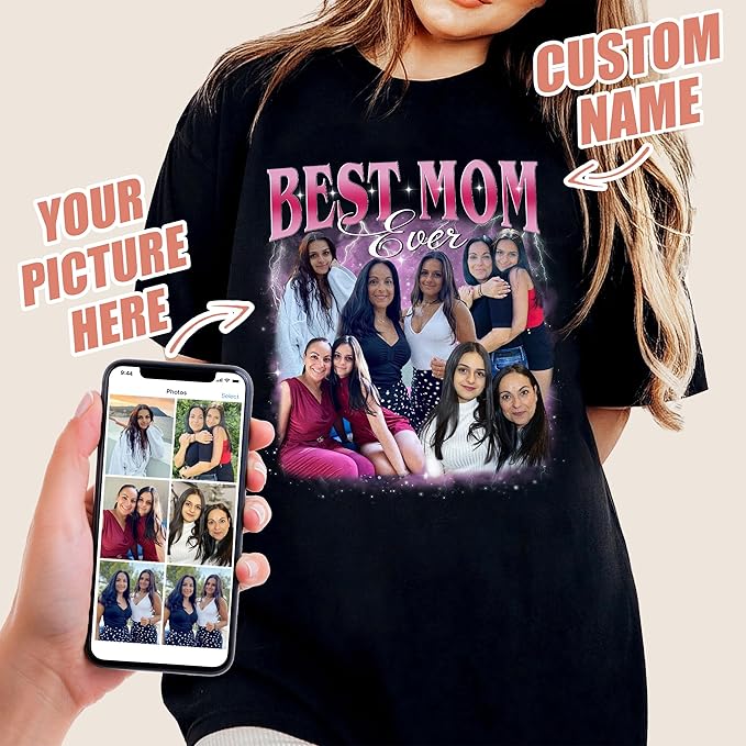 Mit & Mia Custom Your Own Bootleg Rap Tee for Mom Customize Tshirt with Photo Shirts for Mama Custom Face Shirt Mother's Day Shirts for Women
