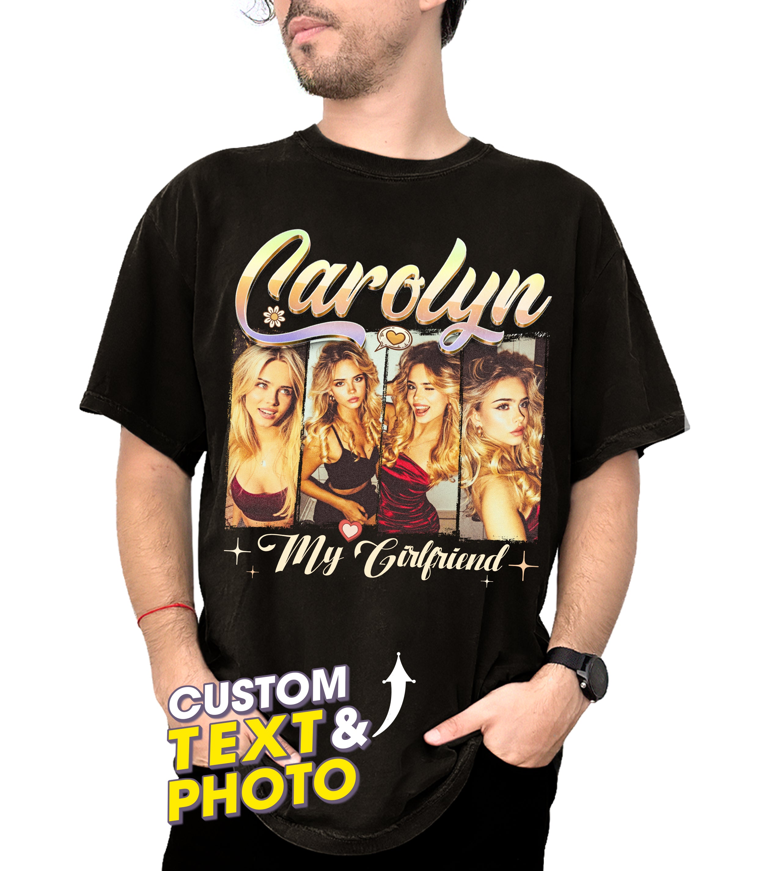 Custom T Shirts with Photo Custom Tee Personalized Shirts for Boyfriend with Vintage Girlfriend Face Shirt with Photo Gift Idea for Valentines Mother's Day
