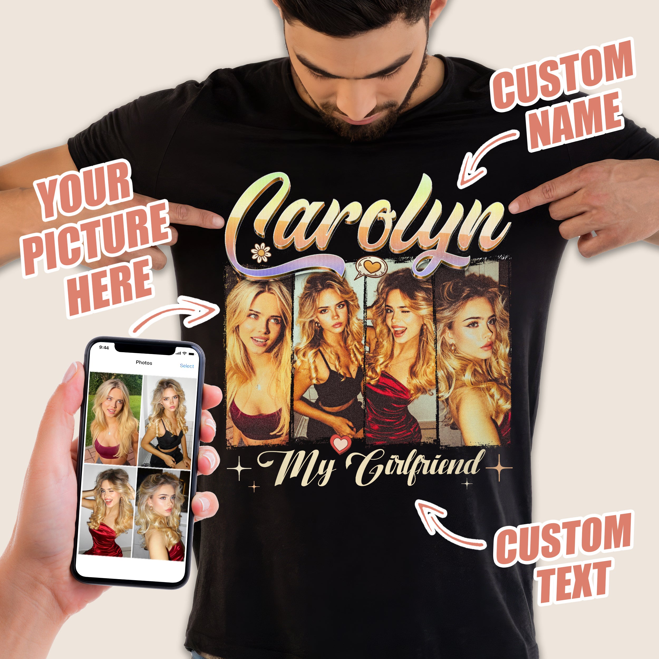 Custom T Shirts with Photo Custom Tee Personalized Shirts for Boyfriend with Vintage Girlfriend Face Shirt with Photo Gift Idea for Valentines Mother's Day