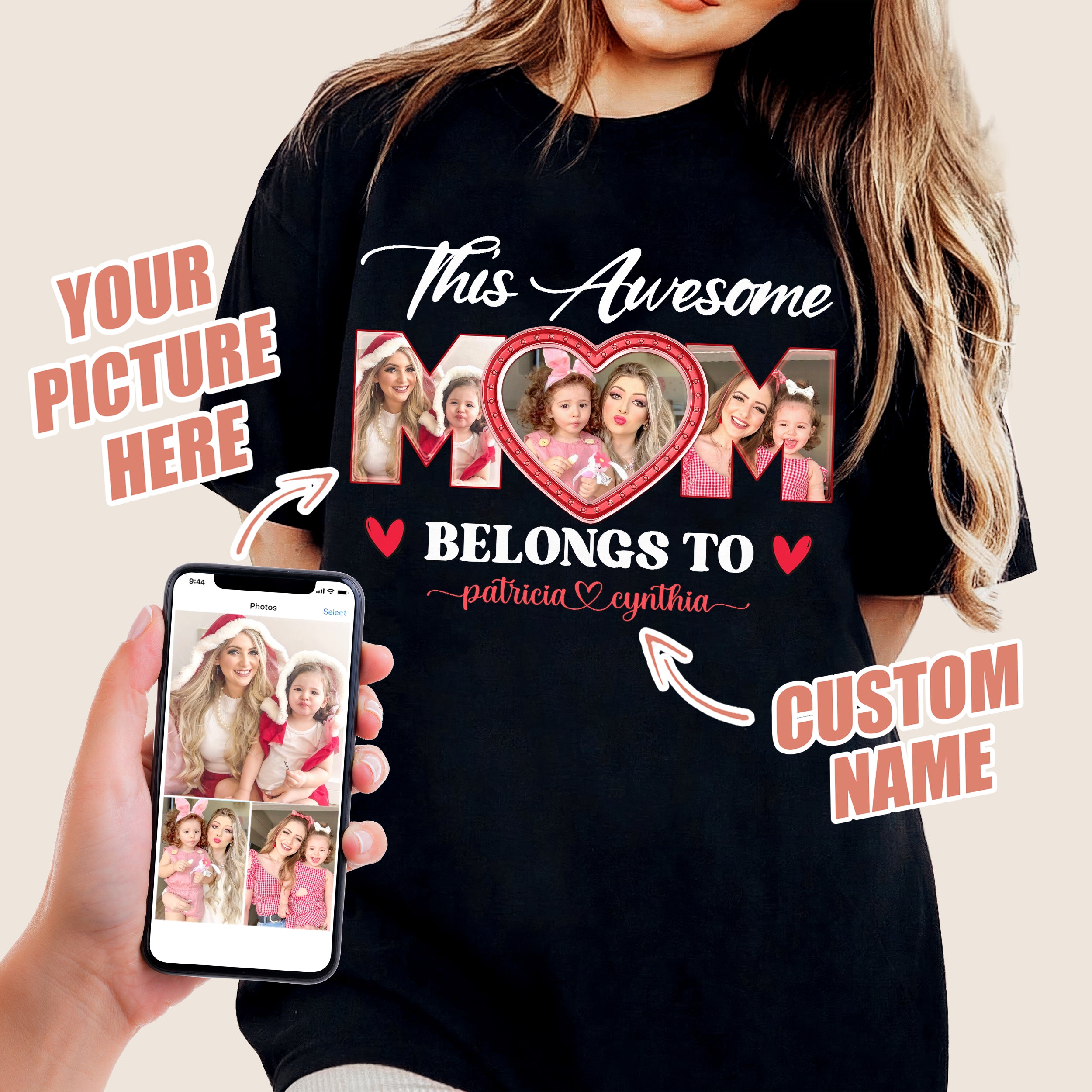 Mit & Mia Custom T Shirts Mom Shirt with Kids Name This Awesome Mom Custom Photo Funny New Mom Gifts for Mothers Day from Daughter Son