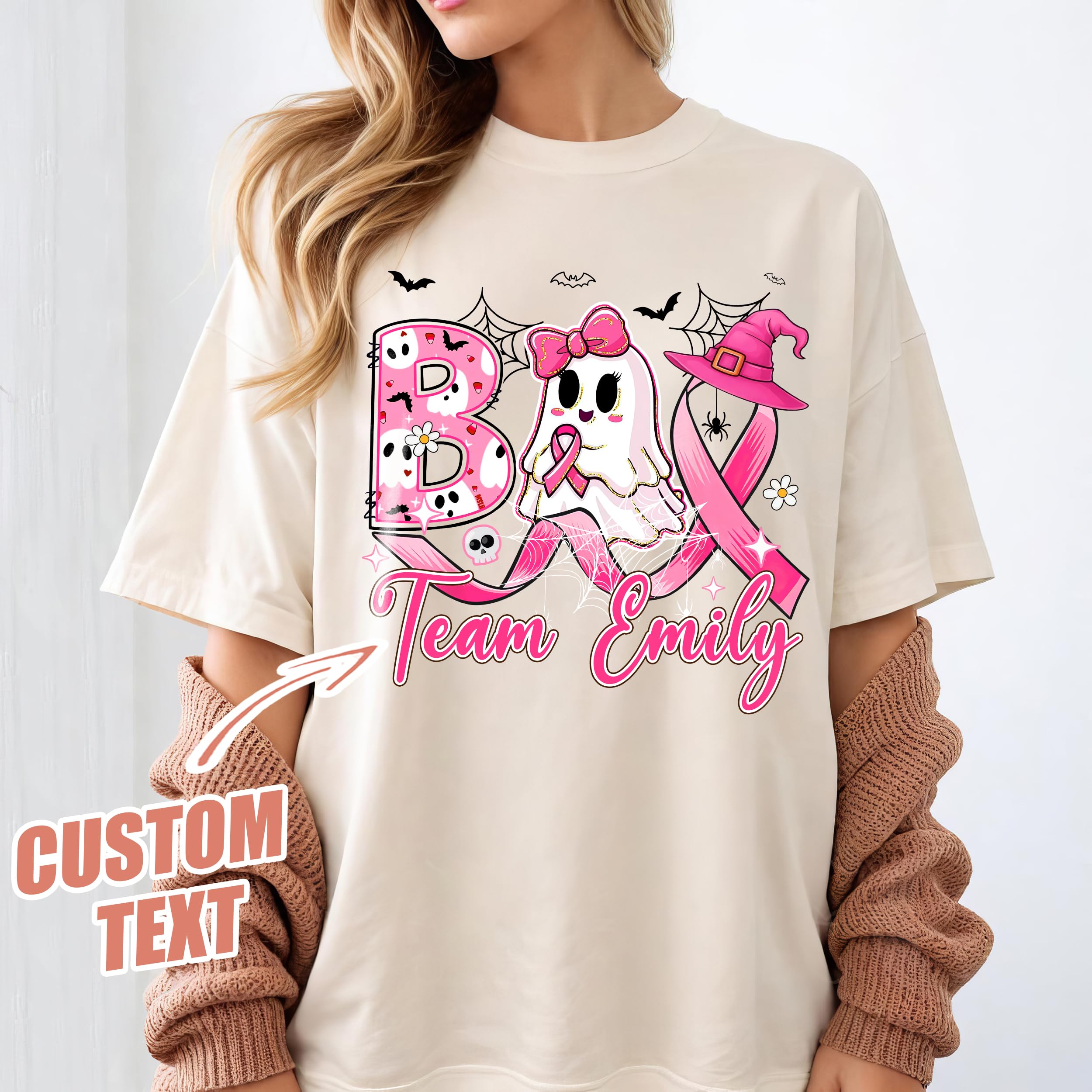 Personalized Boo Halloween Pumpkin Pink Ribbon Witch Breast Cancer T-Shirt Breast Cancer Awareness Shirts for Women in October We Wear Pink Shirt Warrior Tee