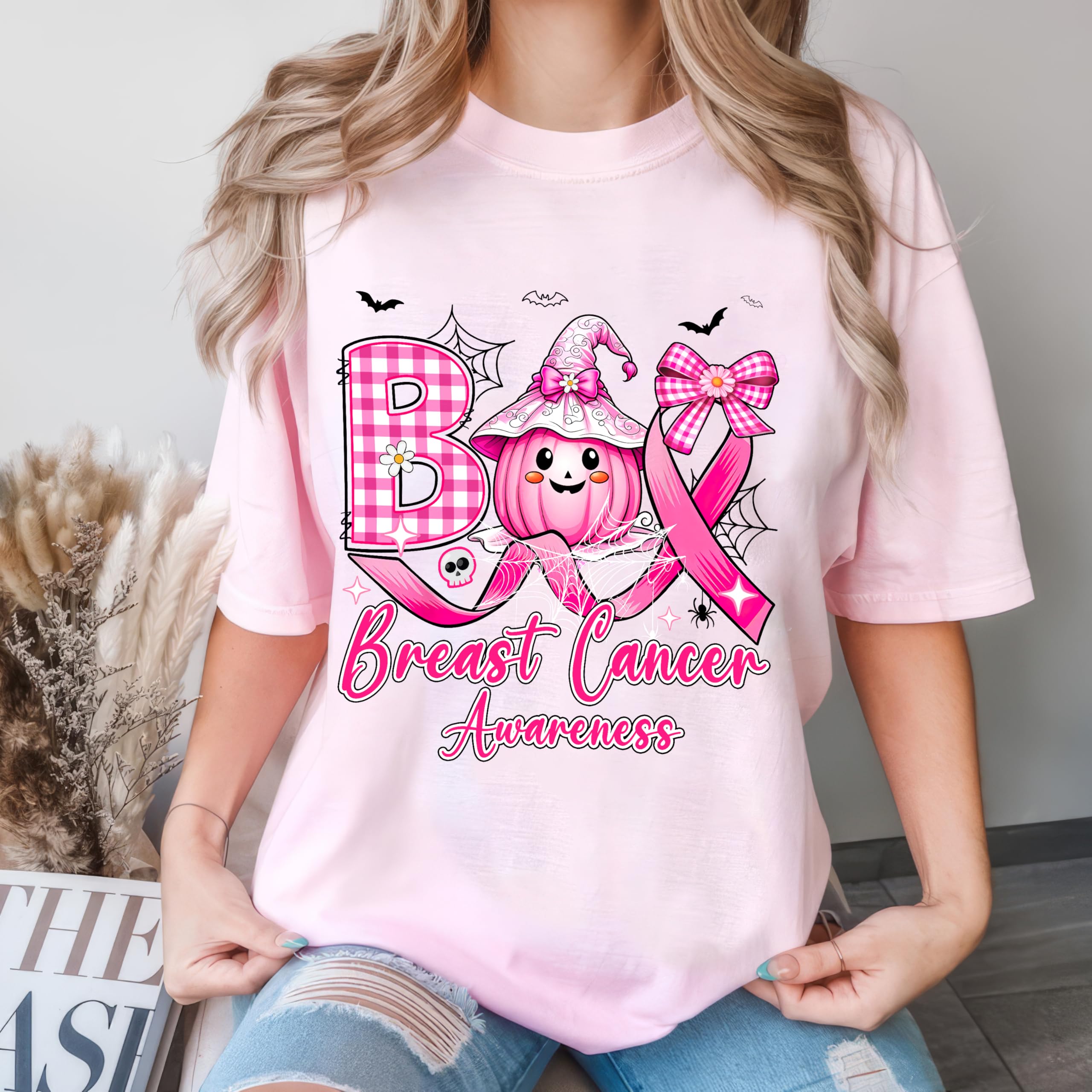 Personalized Boo Halloween Pumpkin Pink Ribbon Witch Breast Cancer T-Shirt Breast Cancer Awareness Shirts for Women in October We Wear Pink Shirt Warrior Tee
