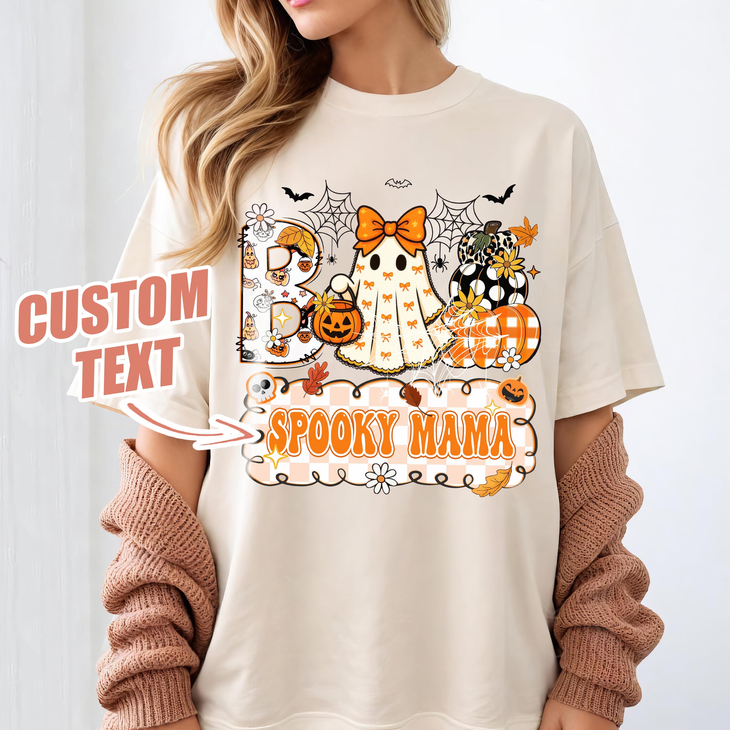 Custom Halloween Boo Shirts for Women Funny Halloween Shirts Personalized Fall Thanksgiving Gift Spooky Mama Boo Tee