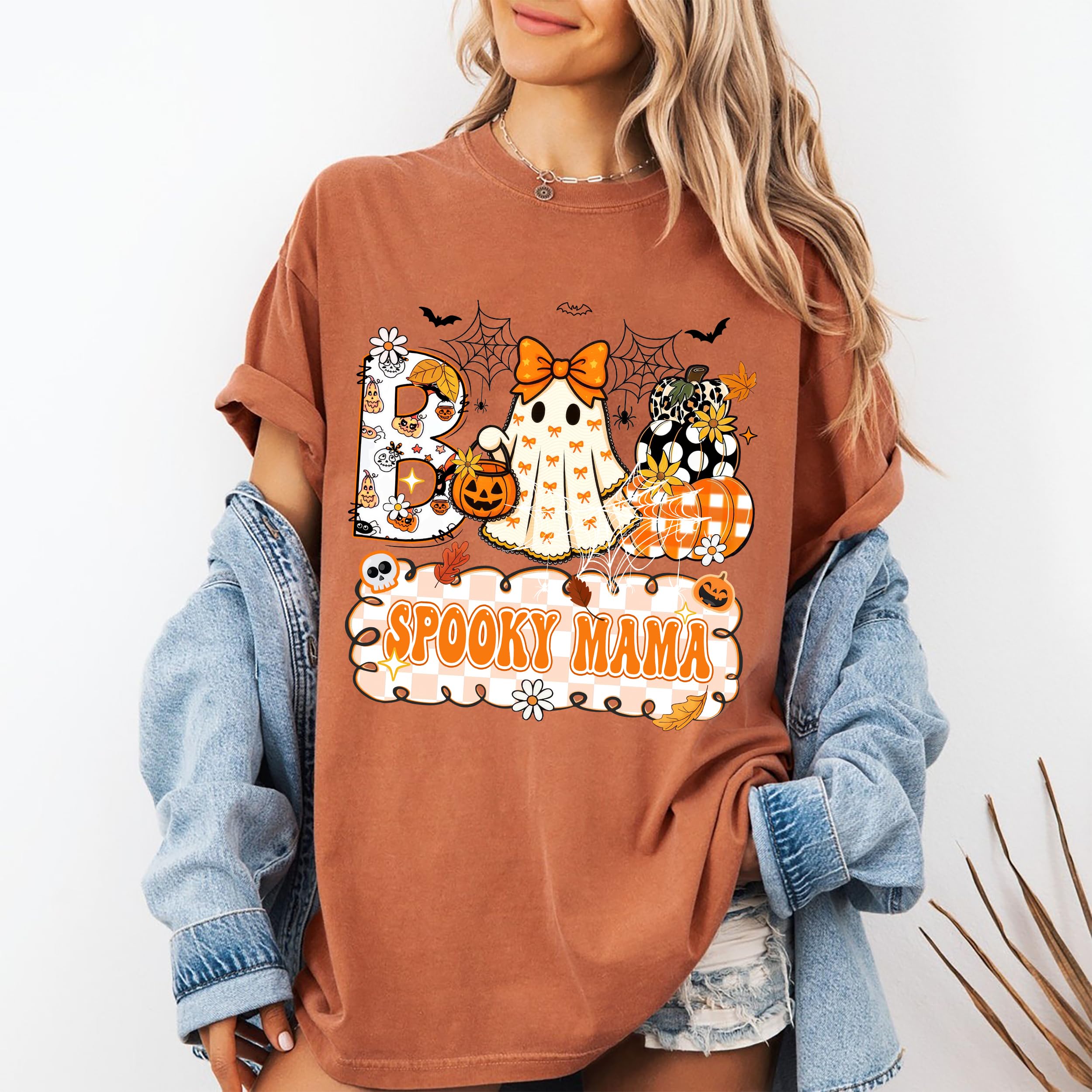 Custom Halloween Boo Shirts for Women Funny Halloween Shirts Personalized Fall Thanksgiving Gift Spooky Mama Boo Tee