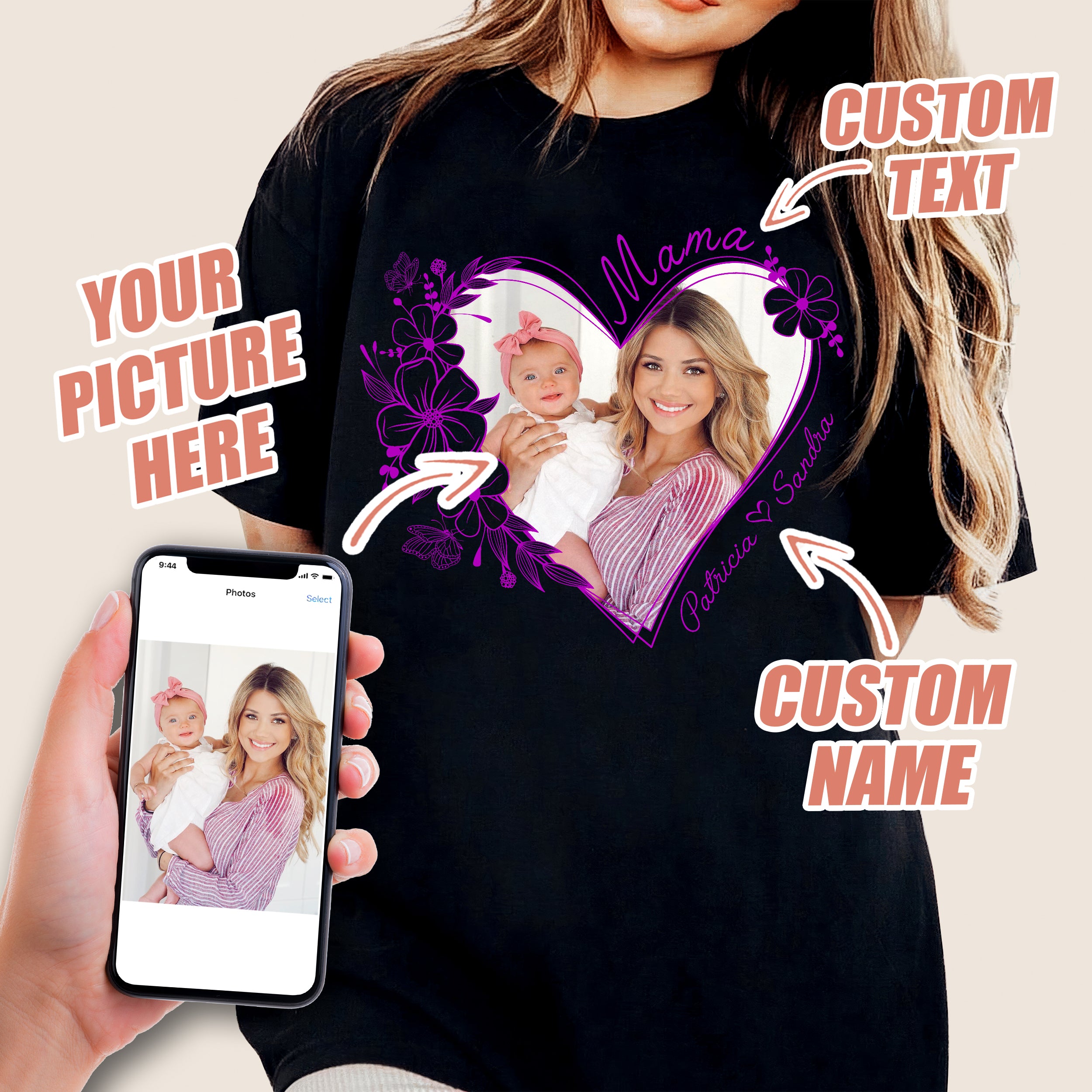 Custom Mom Shirt with Kids Names Customize Tshirt with Photo Shirts for Mama Vintage Tee Heart Mom Shirt Mother's Day Shirts for Women