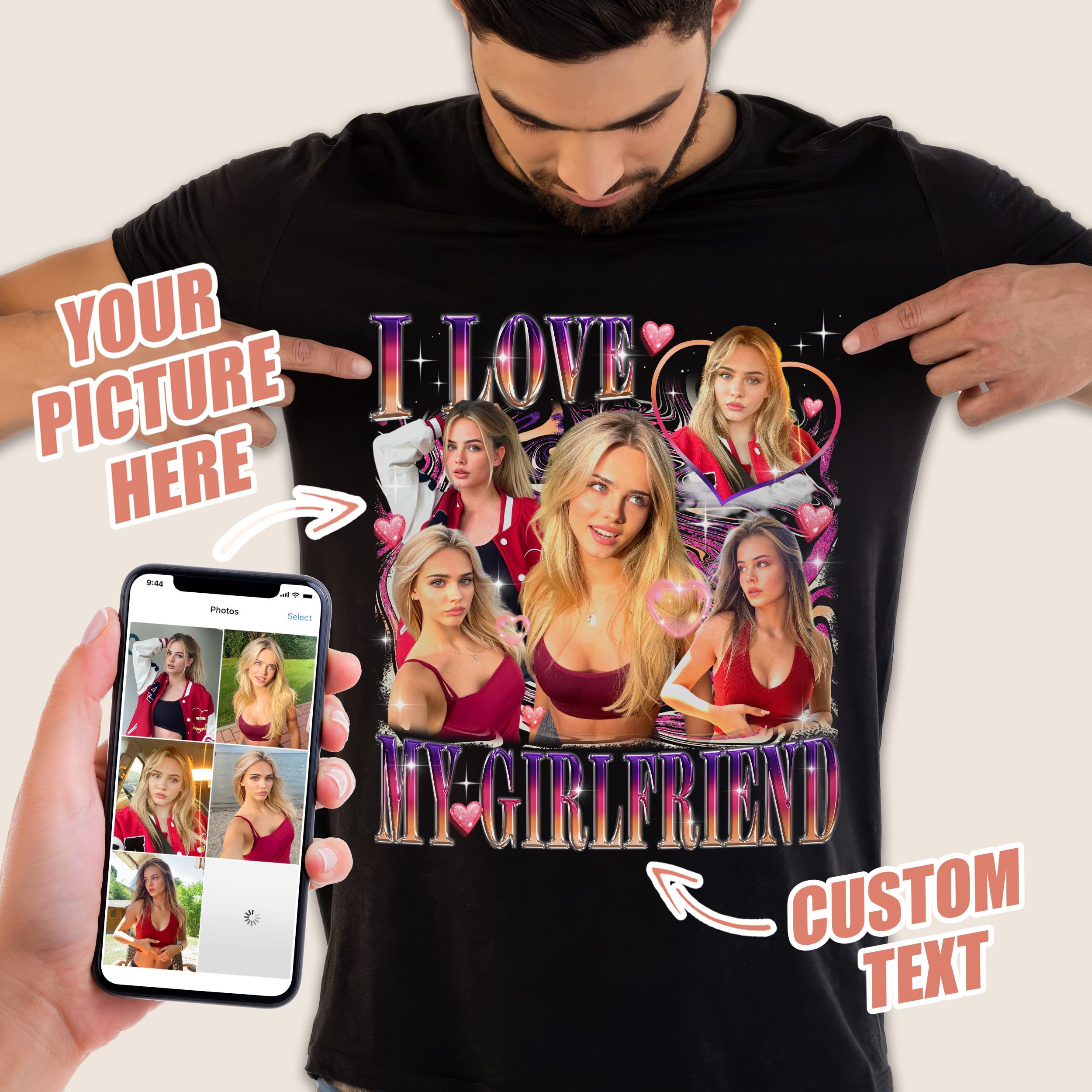 Custom Shirts Custom I Love My Girlfriend T Shirt Custom Girlfriend Face Shirts I Heart Boyfriend Custom Shirt Bootleg Rap Tee Valentines Gift for Men Women