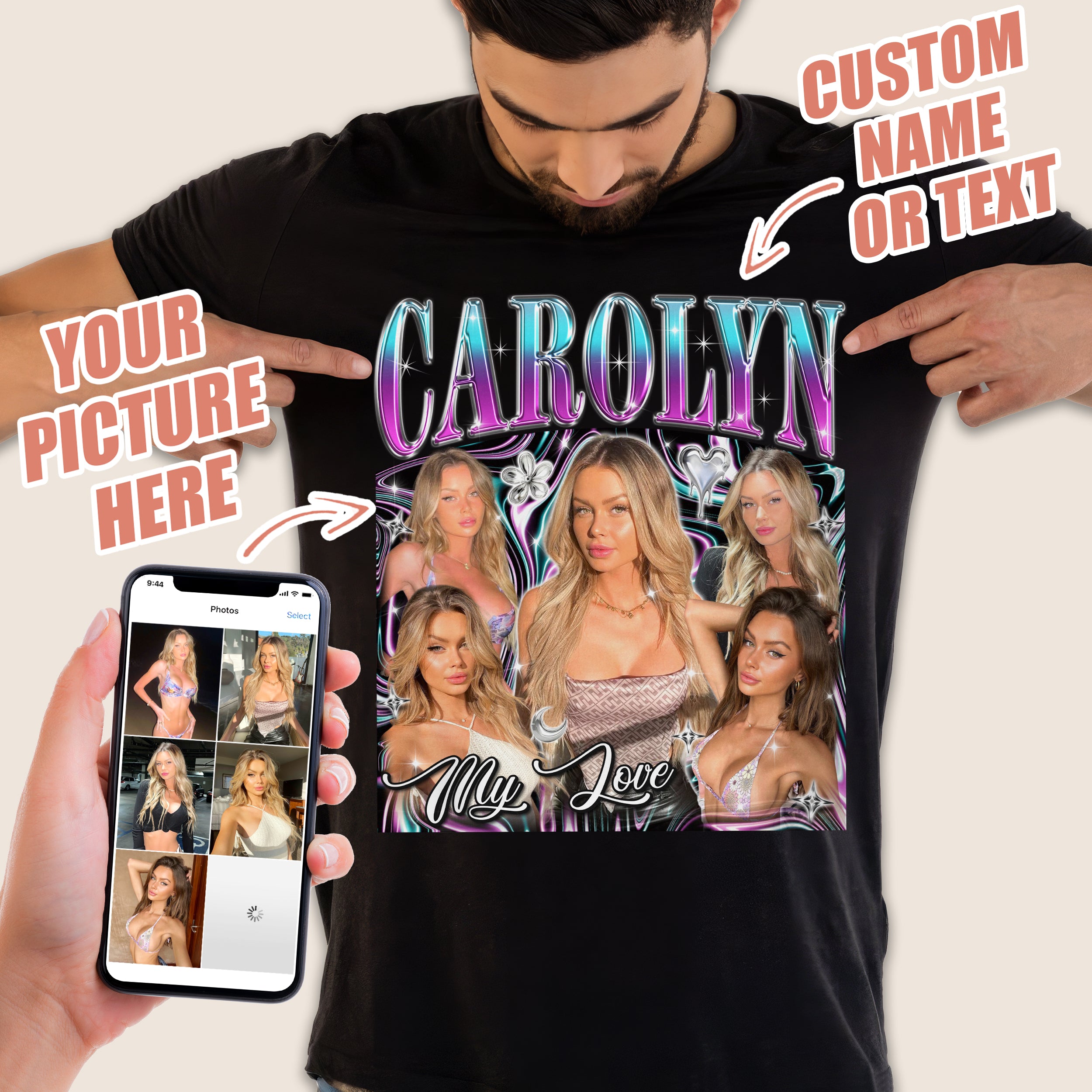 Mit & Mia Custom Your Own Bootleg Rap T Shirts for Boyfriend Girlfriend Shirt Custom Bootleg Rap Tee Vintage Face Shirt with Photo Gift for Christmas and Valentines