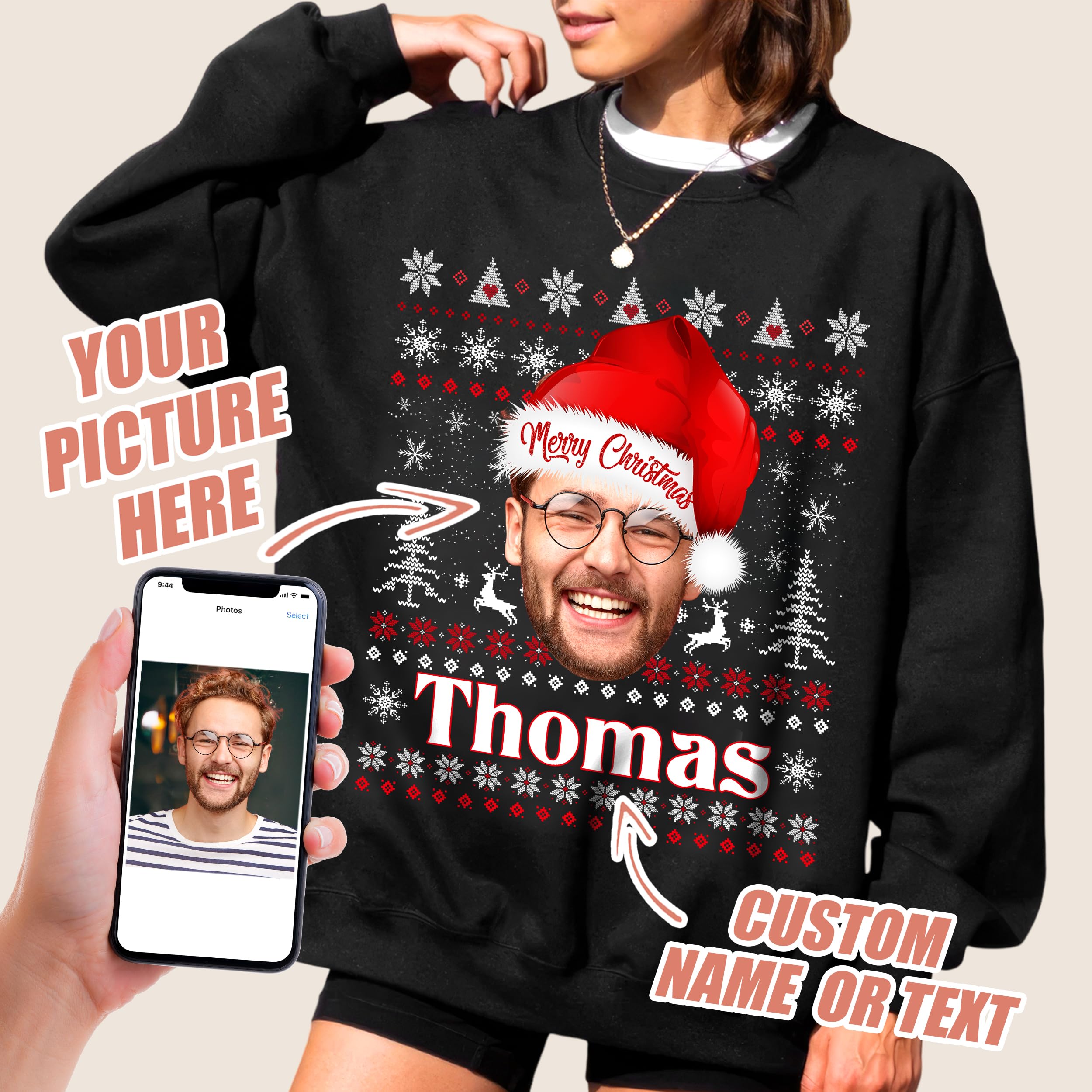 Custom Face Ugly Christmas Shirt & Sweater - Customize Matching Family T Shirts & Sweatshirts for Women & Men