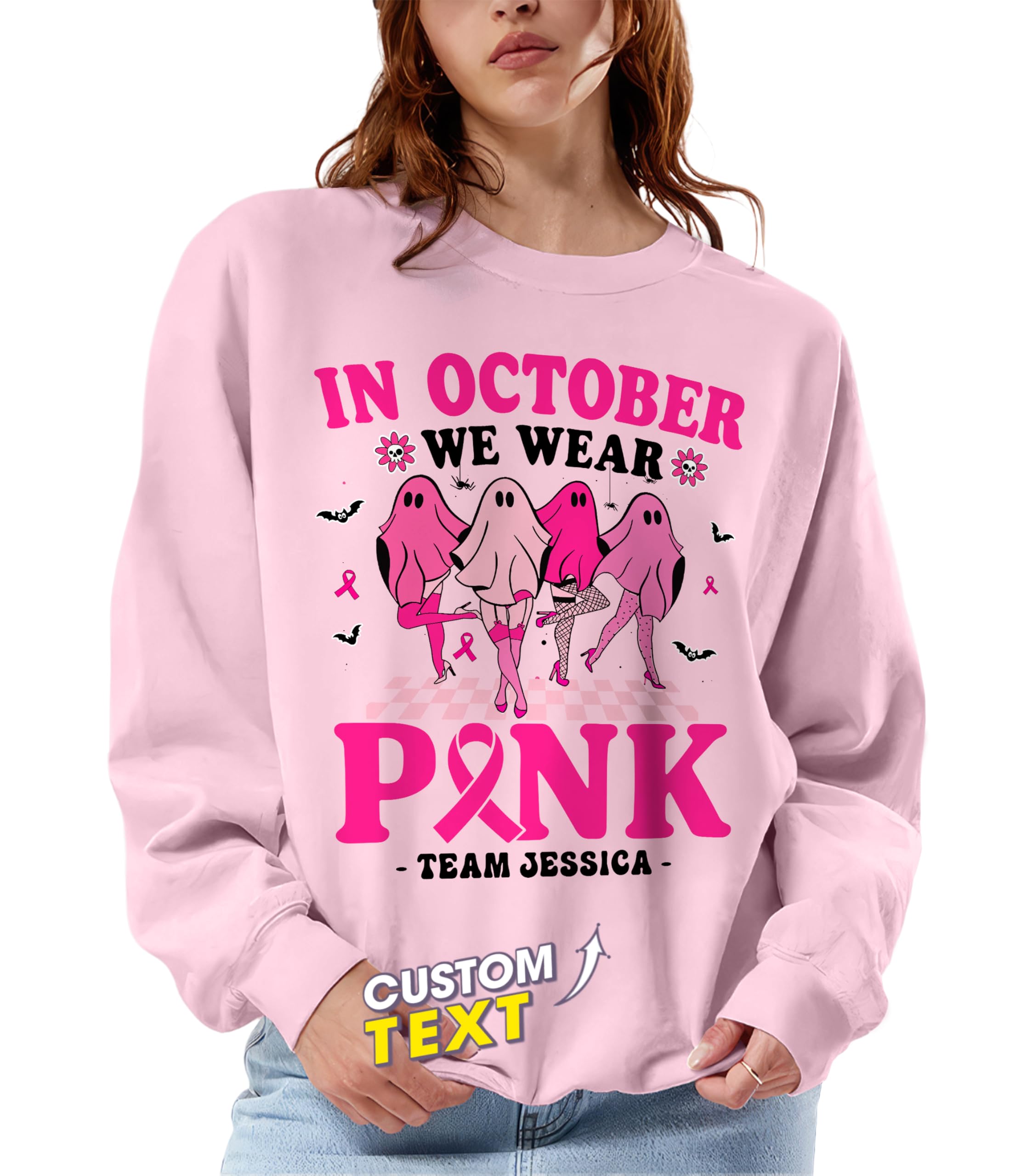 Personalized Breast Cancer Awareness Shirts for Women in October We Wear Pink Halloween Ghost T-Shirt Pink Ribbon Warrior Tee