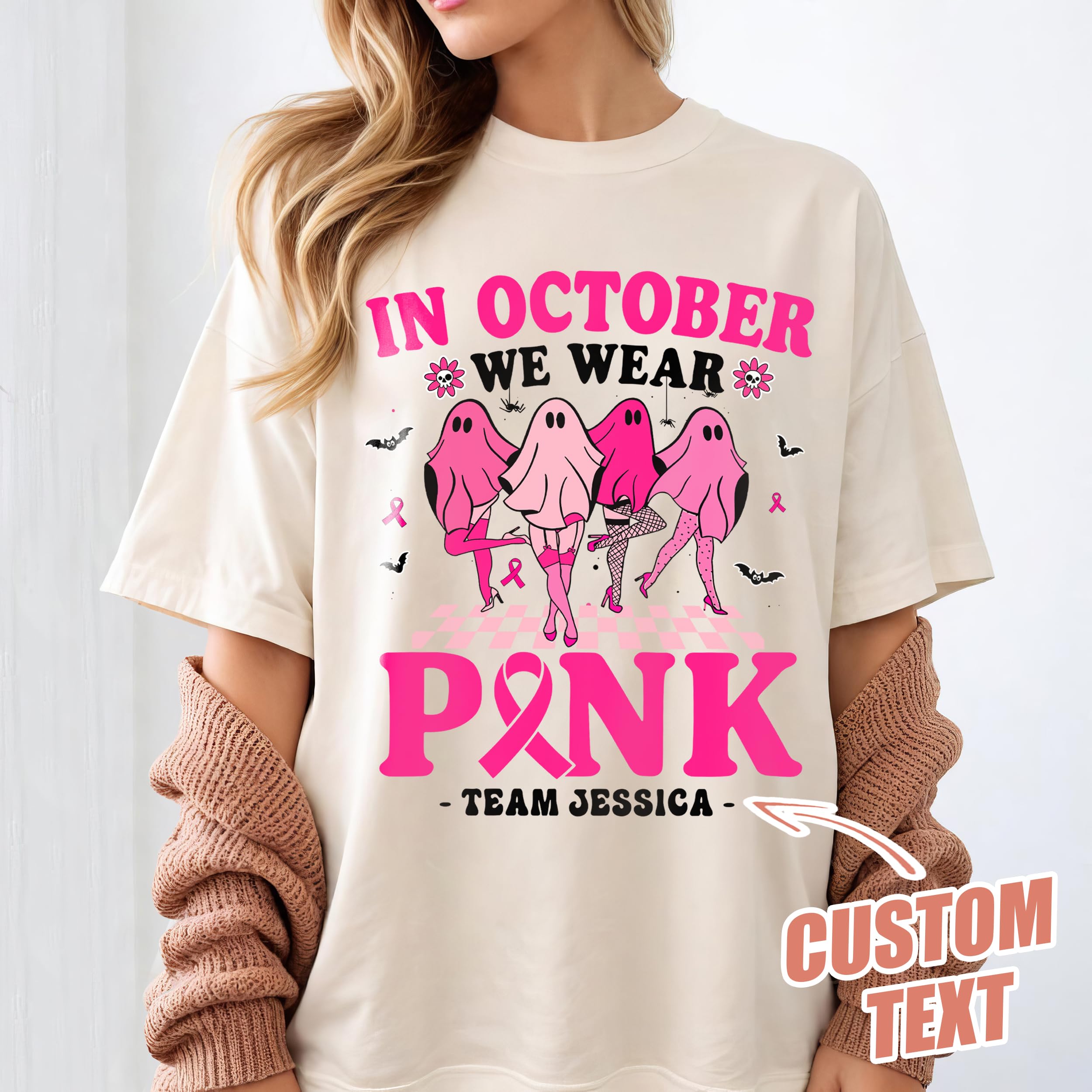 Personalized Breast Cancer Awareness Shirts for Women in October We Wear Pink Halloween Ghost T-Shirt Pink Ribbon Warrior Tee