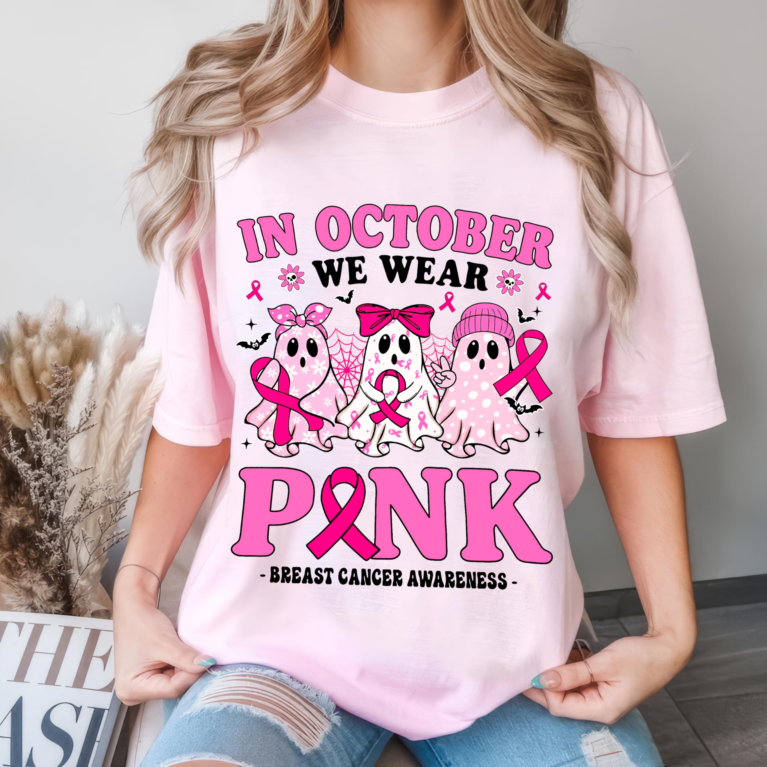 Personalized Breast Cancer Awareness Shirts for Women in October We Wear Pink Halloween Ghost T-Shirt Pink Ribbon Warrior Tee