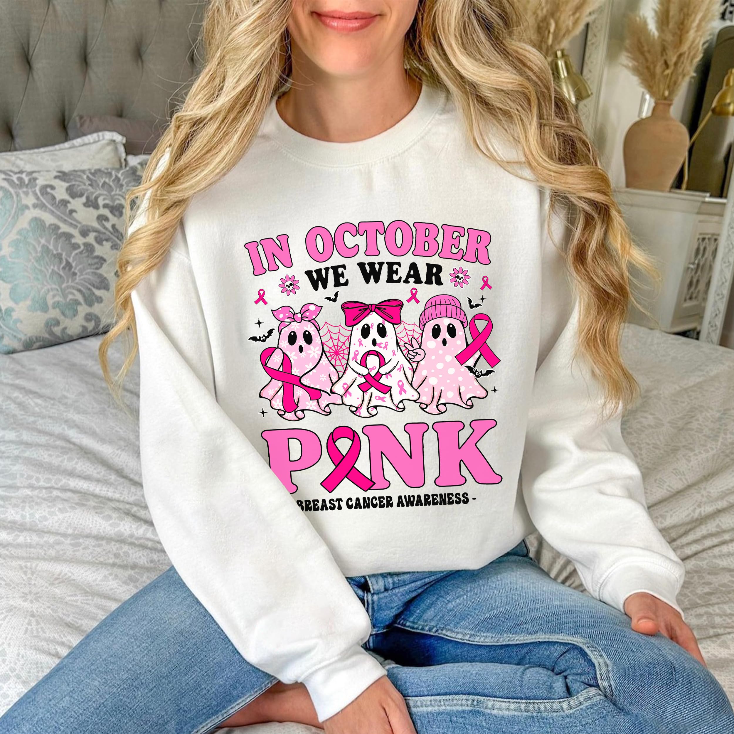 Personalized Breast Cancer Awareness Shirts for Women in October We Wear Pink Halloween Ghost T-Shirt Pink Ribbon Warrior Tee