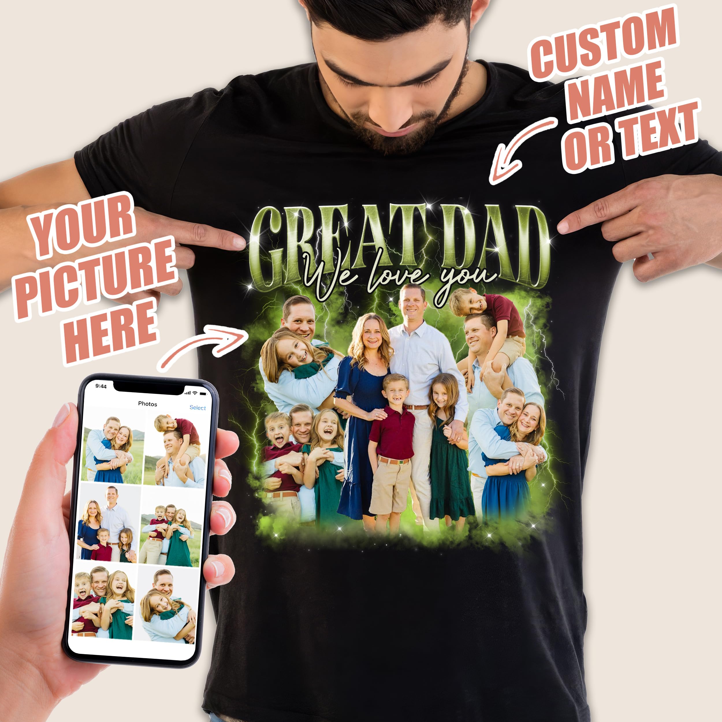 Fathers Day Shirt for Dad Custom Bootleg Rap Tee Dad Shirt Vintage Face Shirt with Photos Gifts Fathers Day for Dad Papa Grandpa from Daughter Son Wife