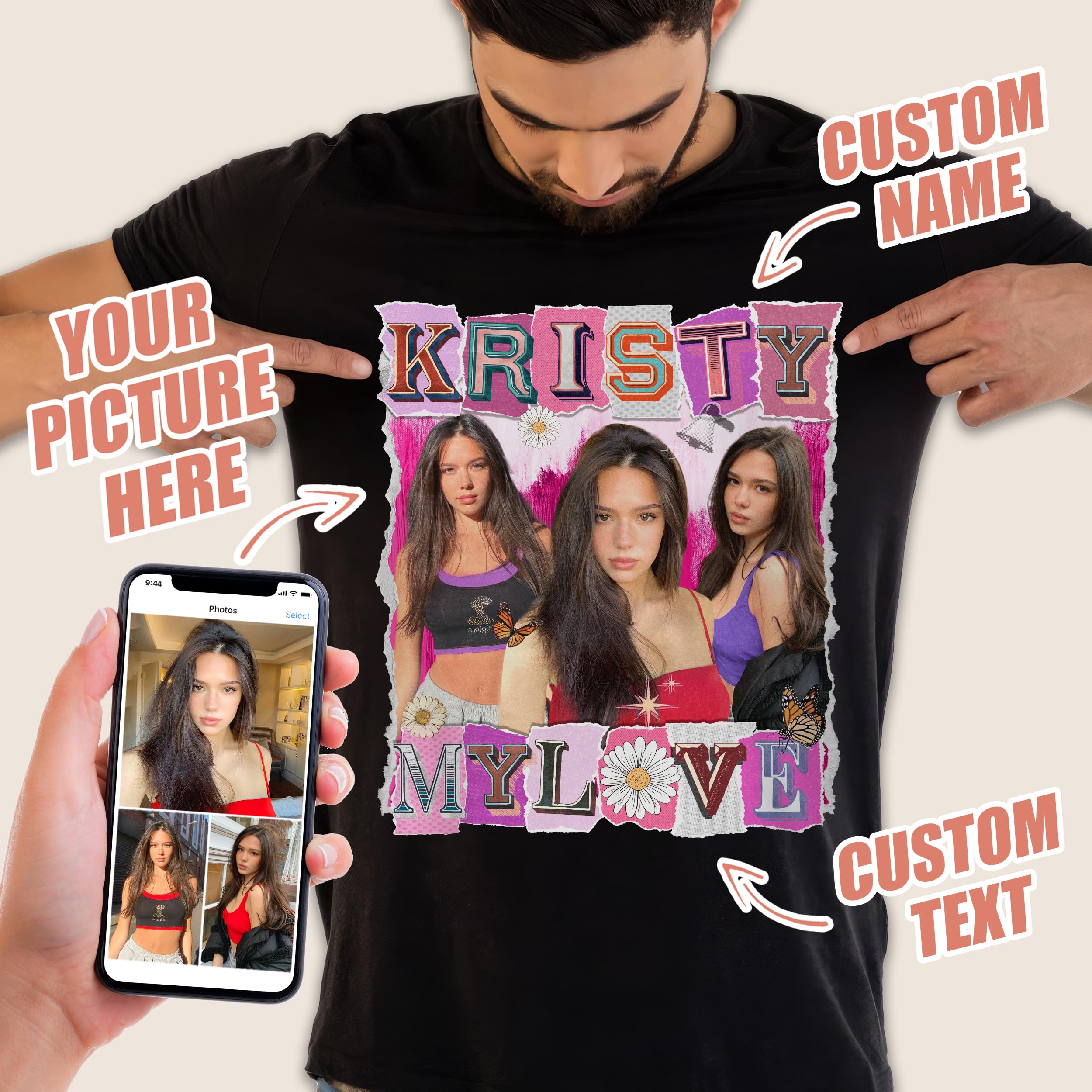 Custom Shirt Custom Your Own Bootleg Rap Tee Shirts for Boyfriend Girlfriend Vintage Graphic Face Photo Gift Idea for Valentines and Christmas