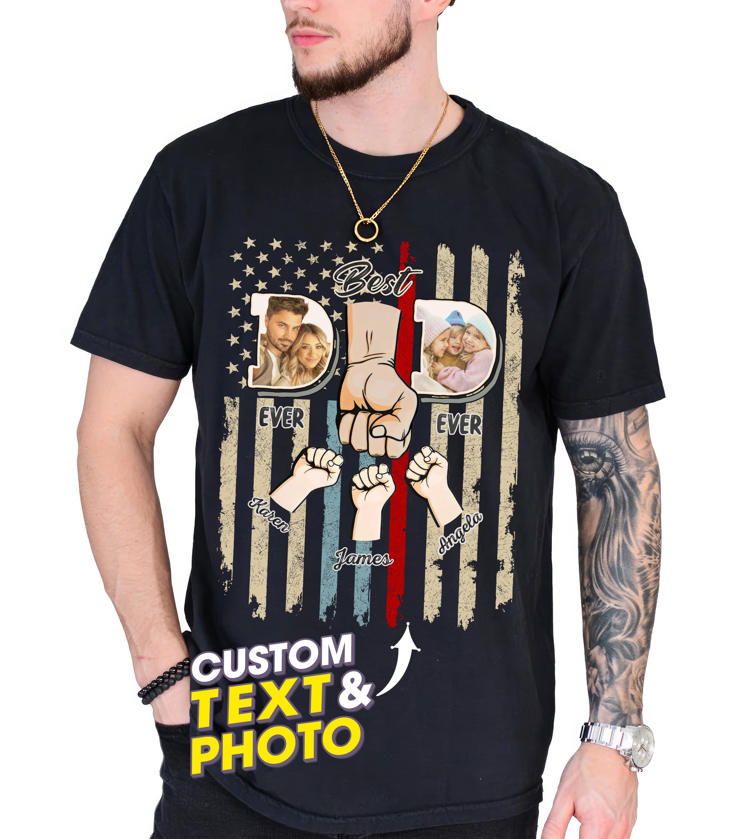 Custom Fathers Day Shirts, Personalized Best Dad Ever T-Shirt with Kids Name, Custom Dad Grandpa Shirt with Photo, for Husband, Gift from Kids