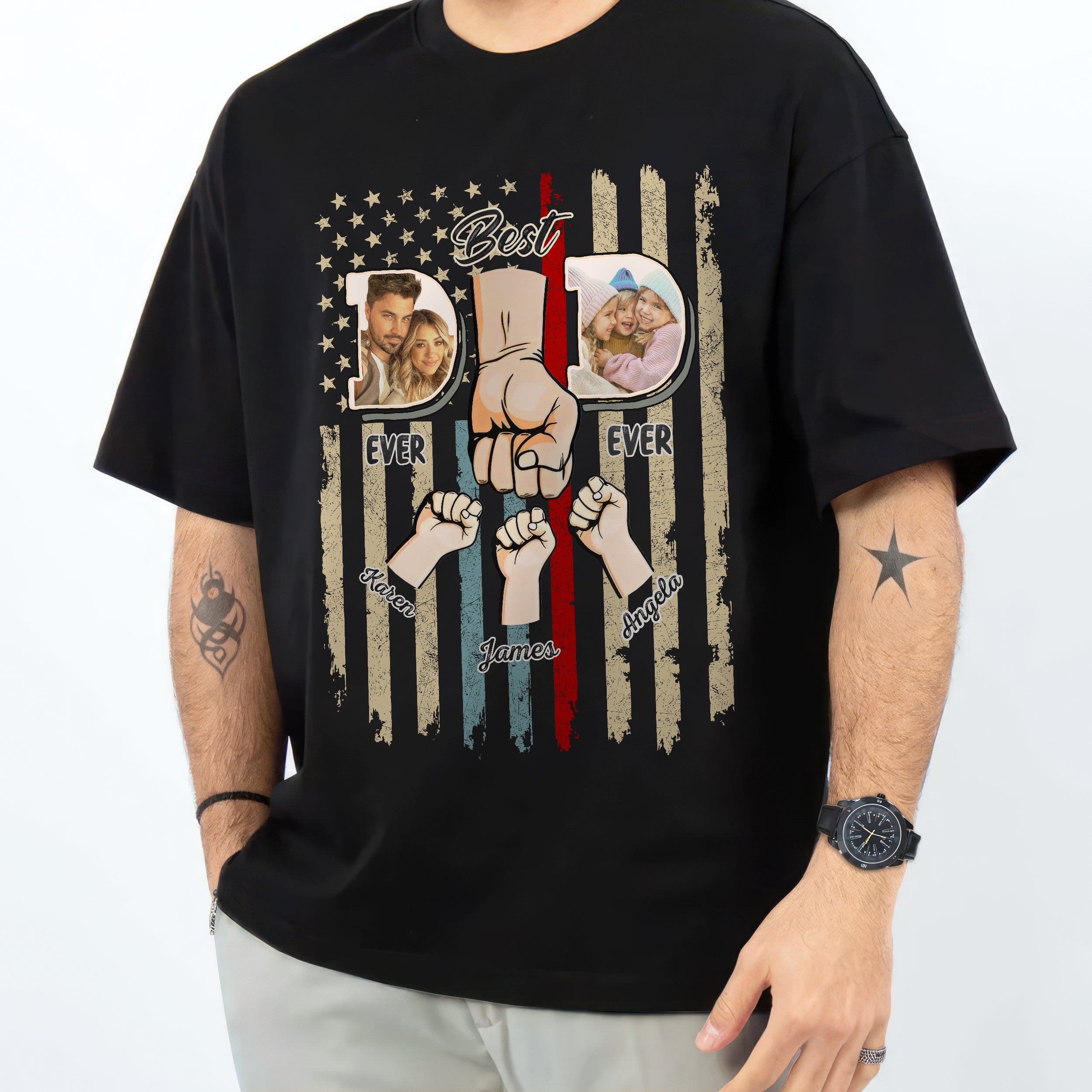 Custom Fathers Day Shirts, Personalized Best Dad Ever T-Shirt with Kids Name, Custom Dad Grandpa Shirt with Photo, for Husband, Gift from Kids