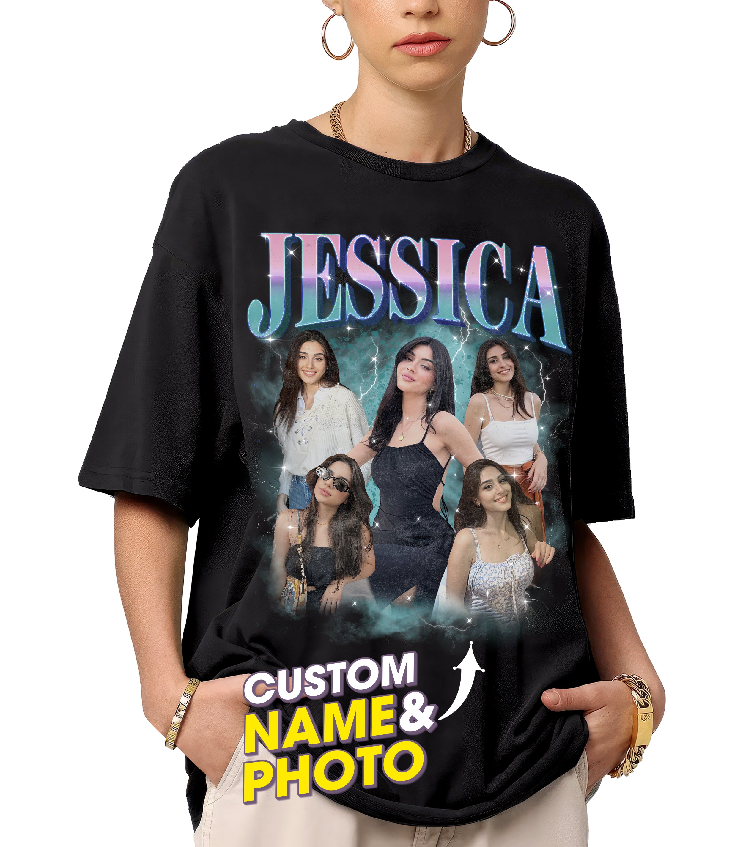 Mit & Mia Custom Bootleg Rap Shirt with Photo, Custom Text & Vintage Graphic Design - Unisex Adult T-Shirt, Large, Black