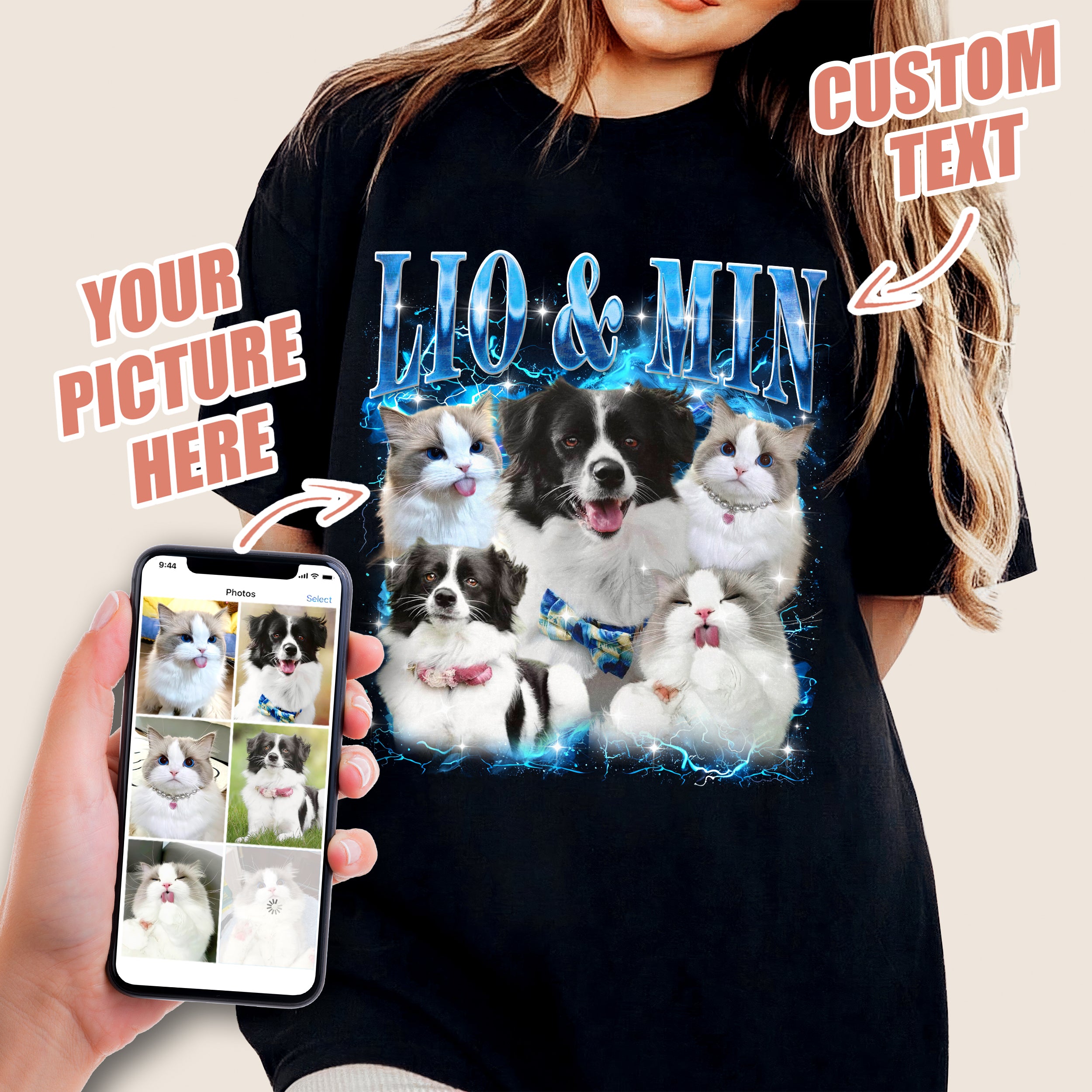 Mit & Mia Custom Dog Shirts Personalized Shirt with Face Photo Custom Pet Shirts Bootleg Rap Tee 90s Vintage Shirt Unique Birthday Gifts for Dog Cat Lovers