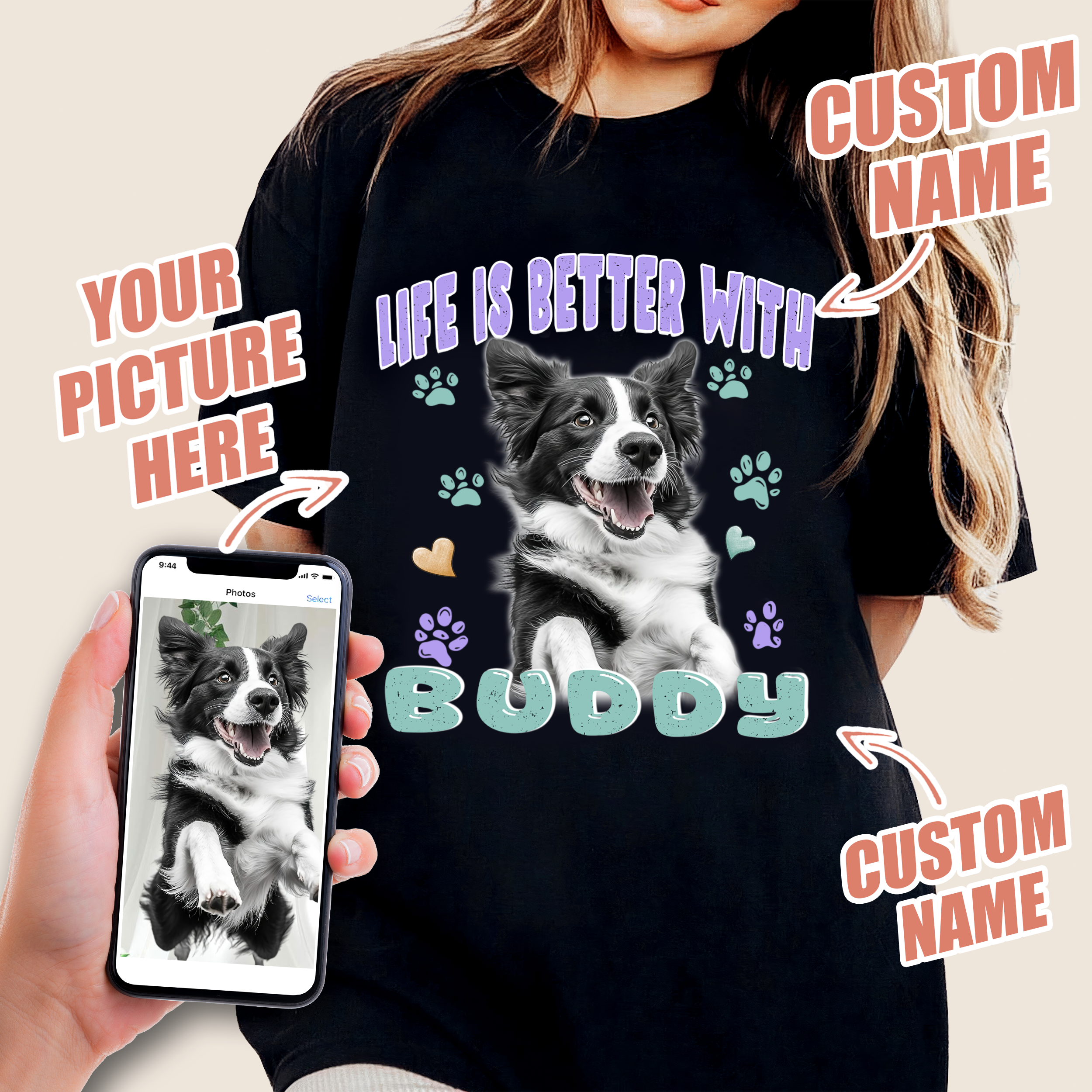 Mit & Mia Custom T Shirts Custom Dog Shirt Vintage Tee for Boyfriend Girlfriend Cat Mom Shirt Customized Pet Shirts Gift for Dog Cat Lovers