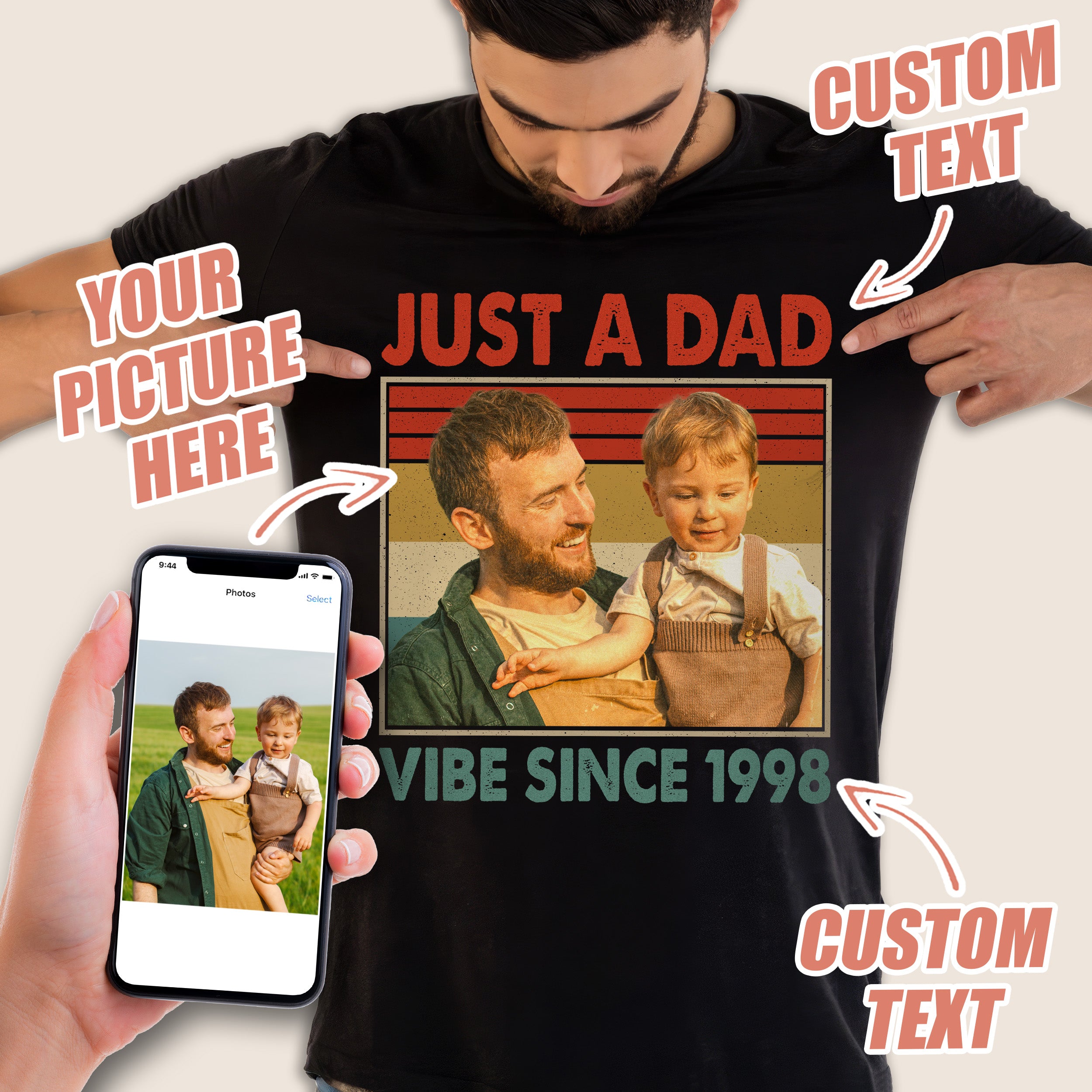 Fathers Day Shirt for Dad Personalized Just A Dad T-Shirt with Photos Vintage Face Daddy Shirts Custom Shirt from Daughter