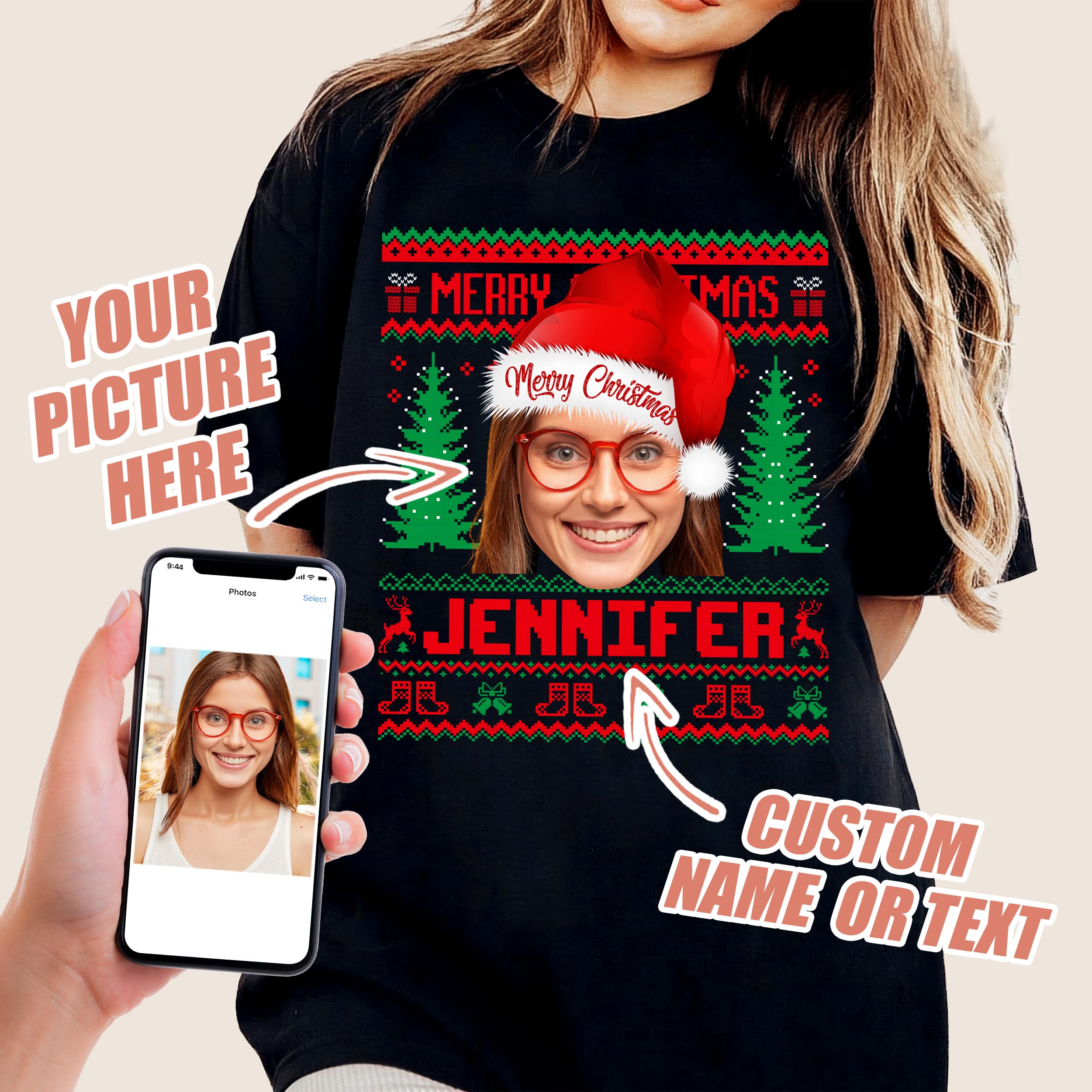 Custom Face Ugly Christmas Shirt - Customized Photo Sweater for Matching Family Sweatshirts and T-Shirts for Women and Men
