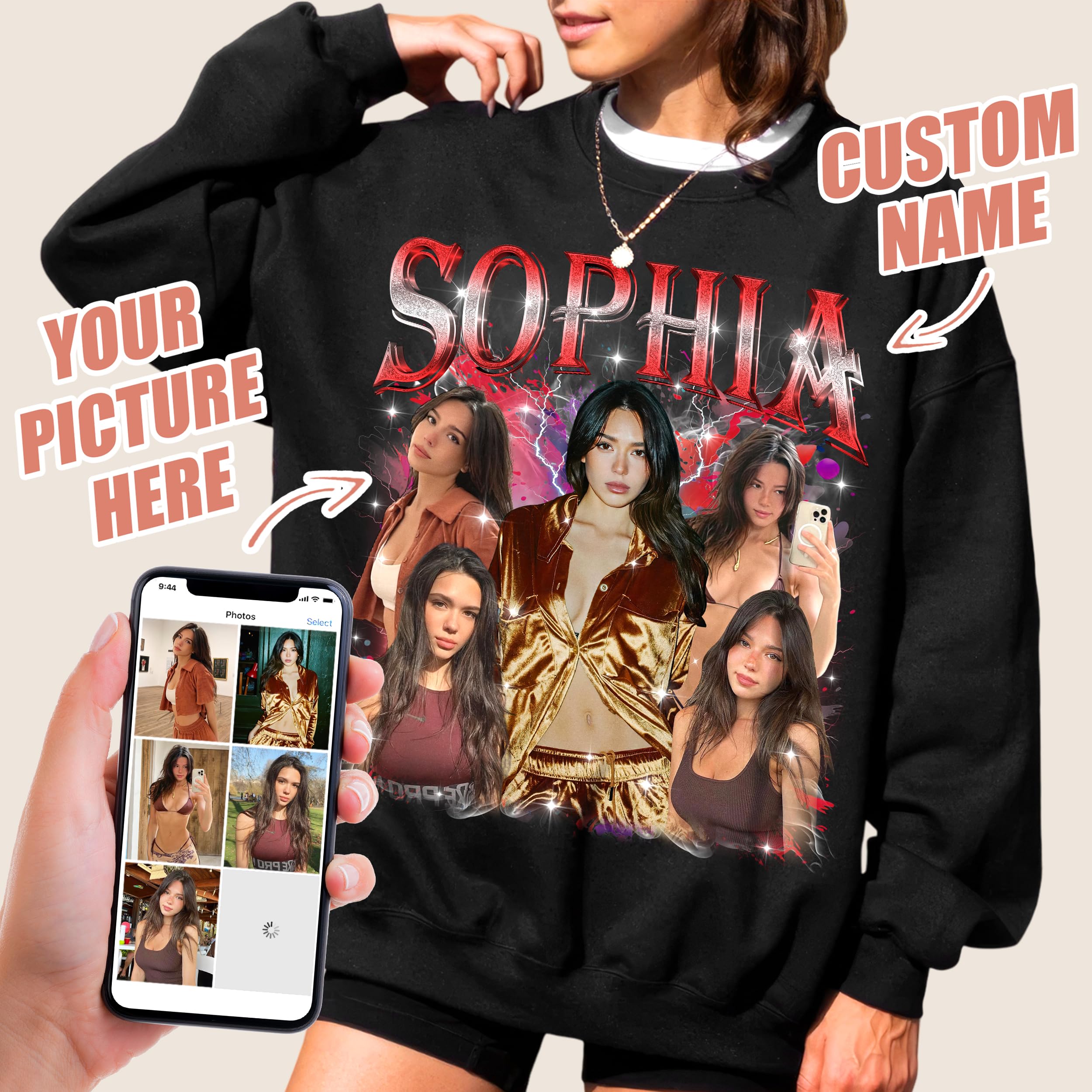 Custom Sweatshirts with Photo Design Your Own Bootleg Rap Shirt Custom Crewneck Shirts for Boyfriend Girlfriend Face Shirt Gift for Valentines Halloween Christmas