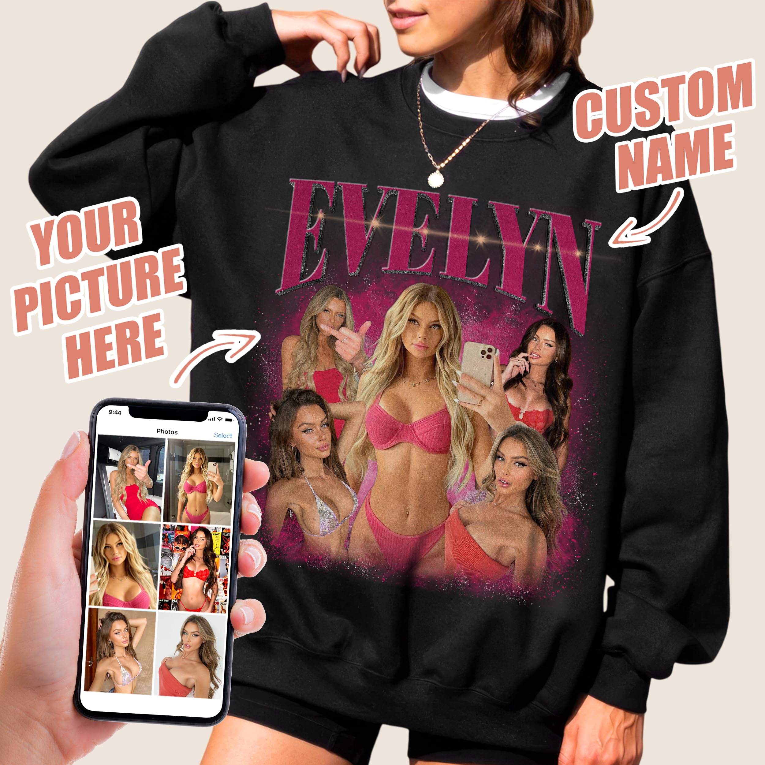 Custom T Shirts Custom Your Own Bootleg Rap Tee Sweatshirts for Women Personalized Crewneck Shirts for Boyfriend Girlfriend Face Shirt Gift for Valentine's Day Christmas