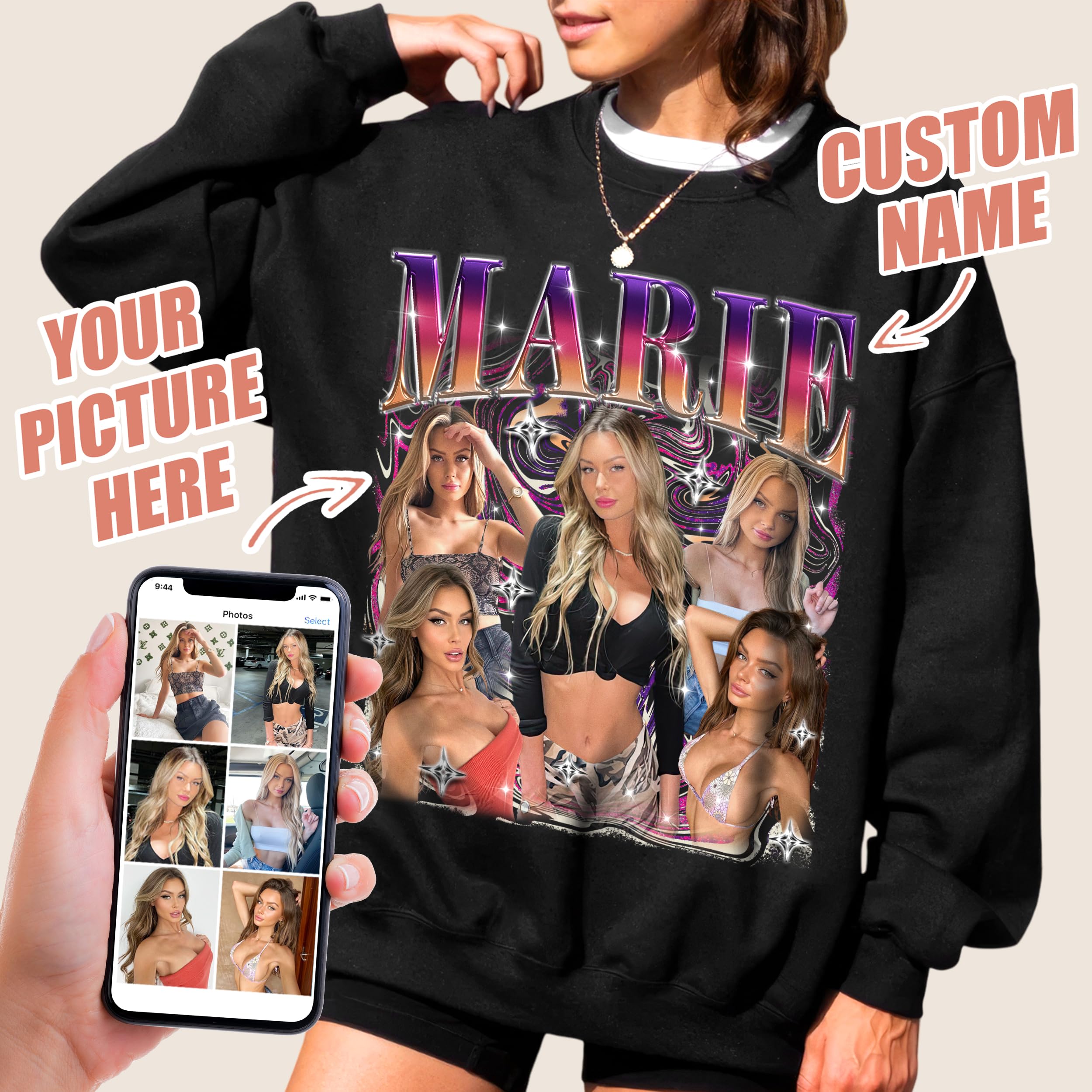 Custom Your Own Bootleg Rap Tee Custom Sweatshirts for Women Personalized Crewneck Shirts for Boyfriend Girlfriend Face Shirt Gift for Valentine's Day Christmas