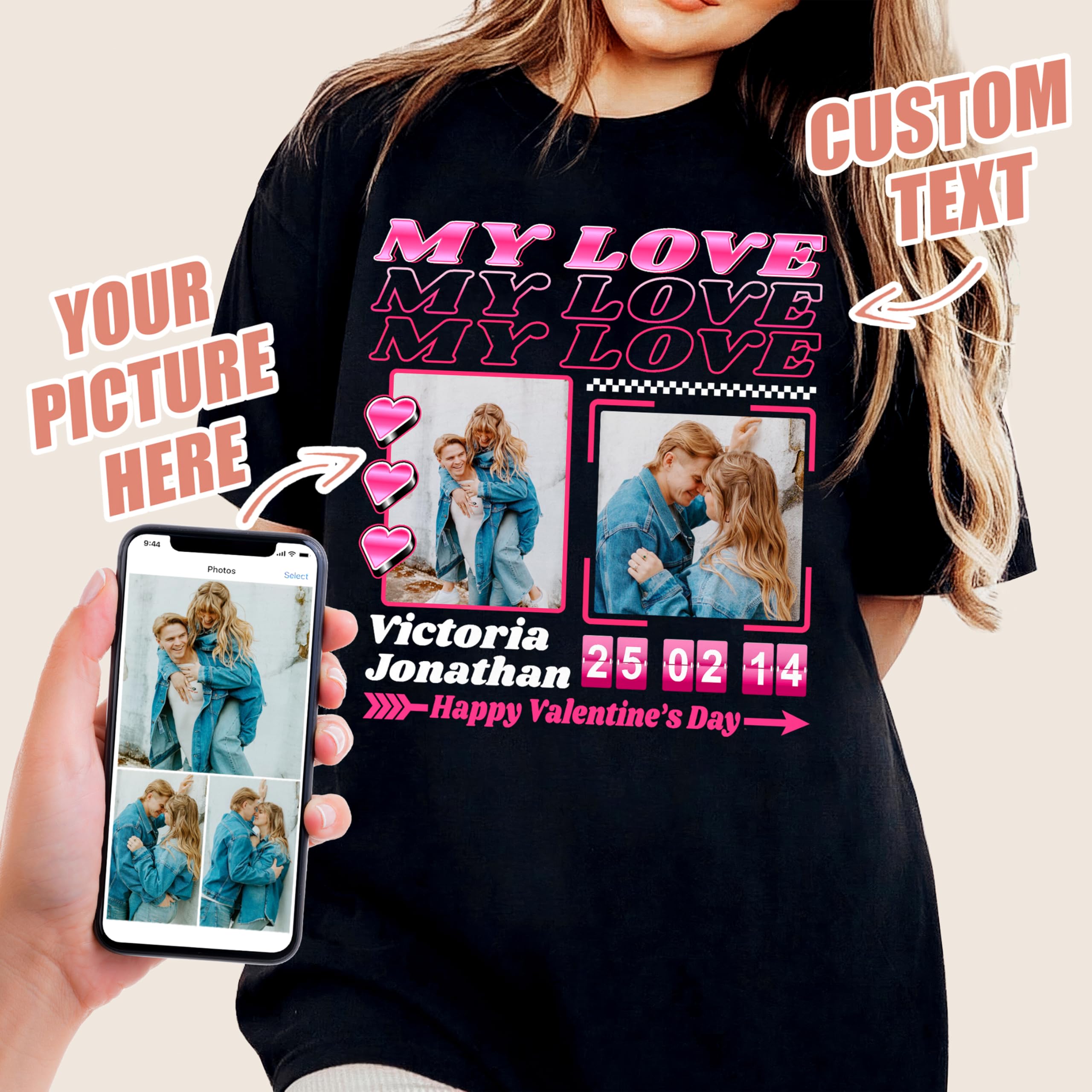 Custom Photo T-Shirt for Couples - Personalized Shirt with Photo - Valentine - Unisex Adult T-Shirt - Large - Style 111 - Letter Print - Crewneck - Long Sleeve
