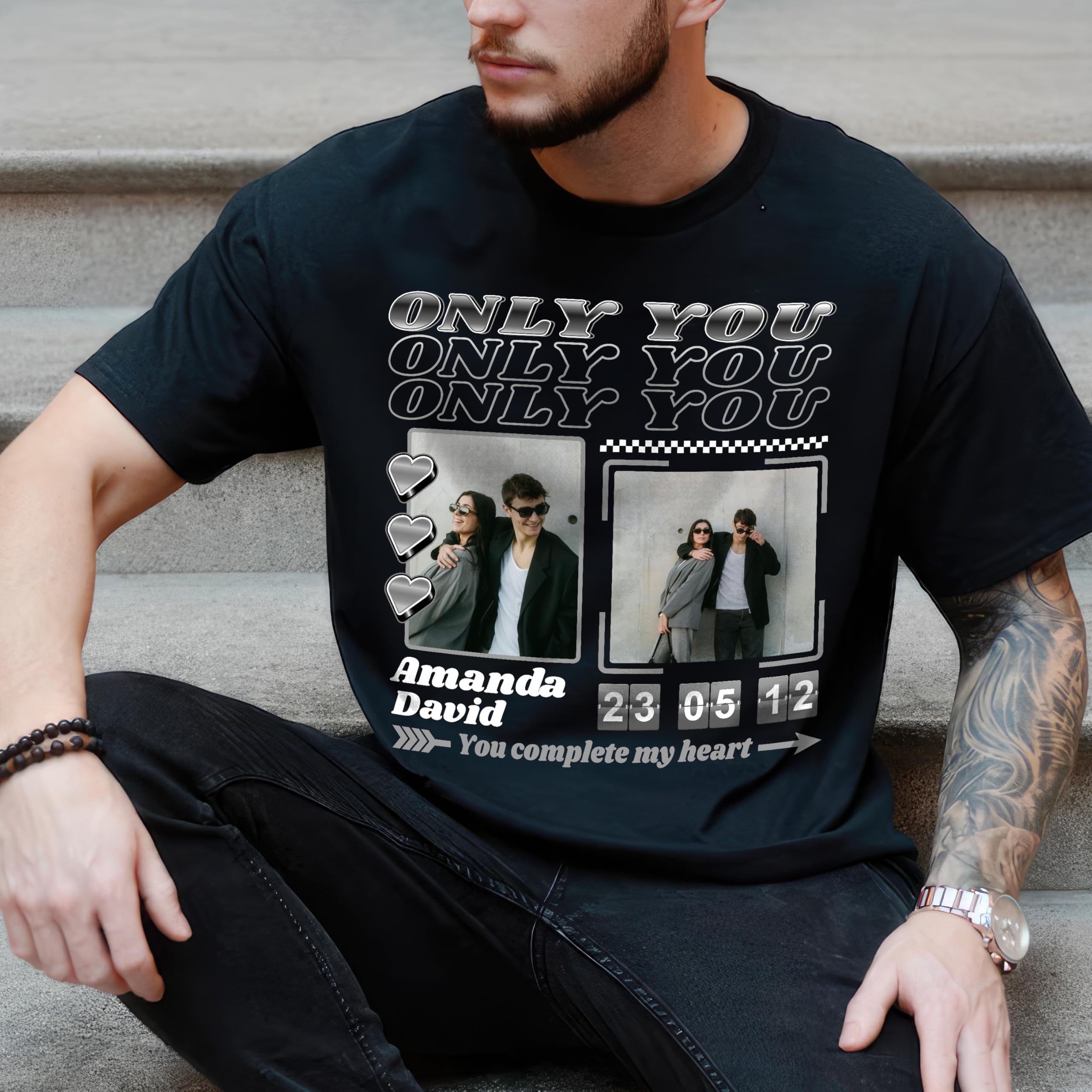 Custom Photo T-Shirt for Couples - Personalized Shirt with Photo - Valentine - Unisex Adult T-Shirt - Large - Style 111 - Letter Print - Crewneck - Long Sleeve