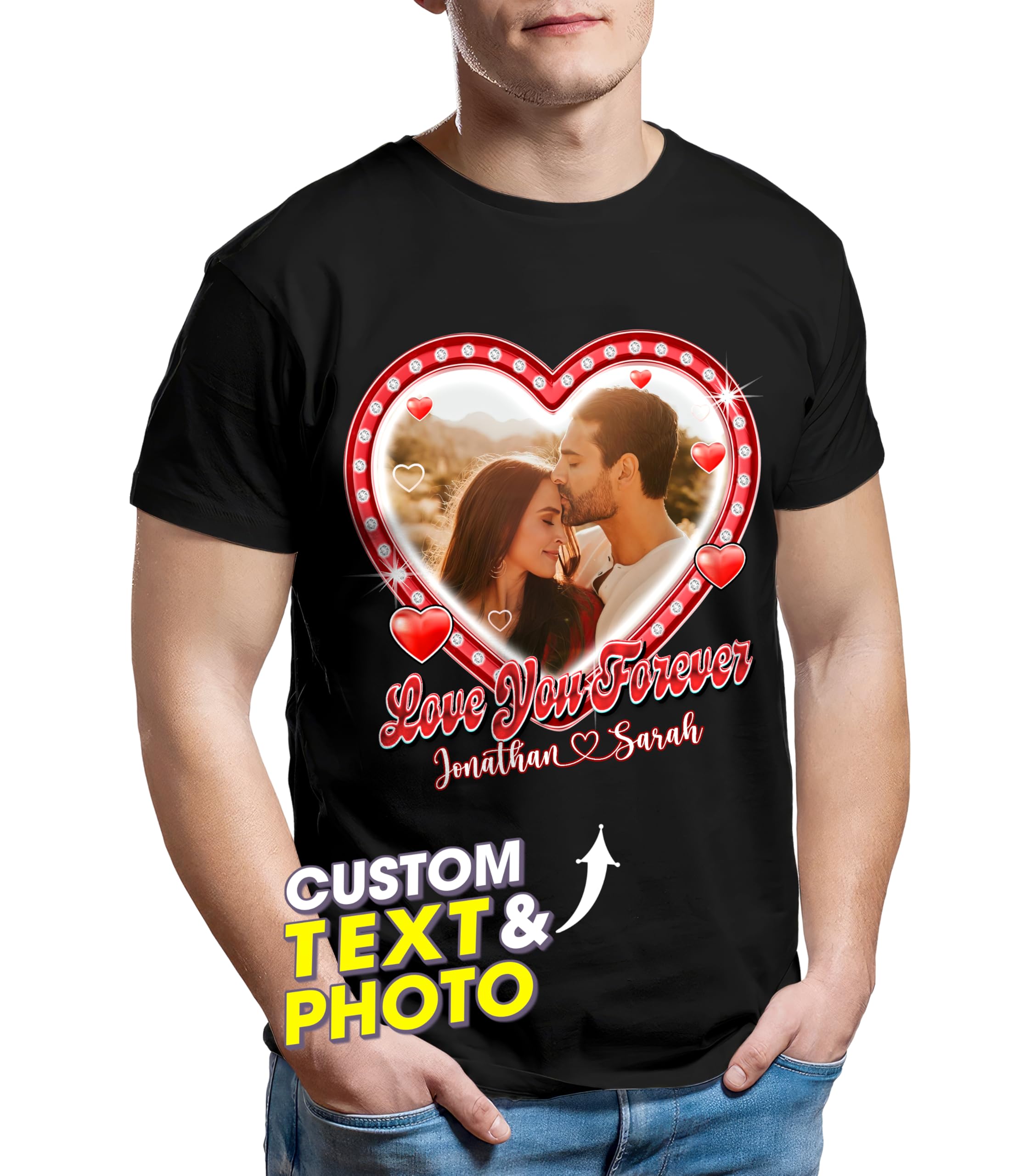 Custom Shirt with Picture - Unisex Adult T-Shirt - Large - Style 108 - Classic Fit - Crew Collar - Long Sleeve - Cotton Blend - Letter Print - Valentine - Customizable - Machine Wash