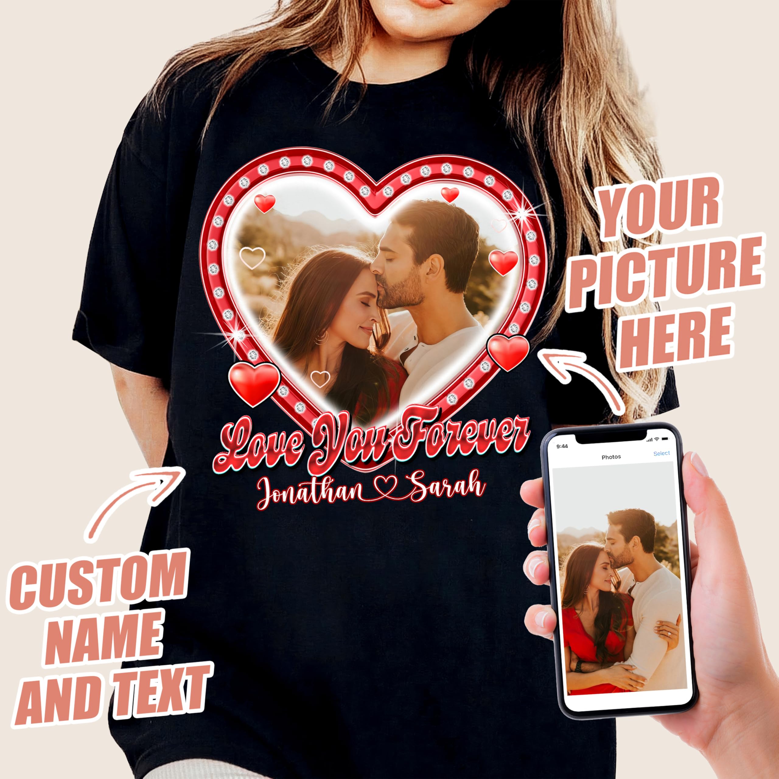 Custom Shirt with Picture - Unisex Adult T-Shirt - Large - Style 108 - Classic Fit - Crew Collar - Long Sleeve - Cotton Blend - Letter Print - Valentine - Customizable - Machine Wash