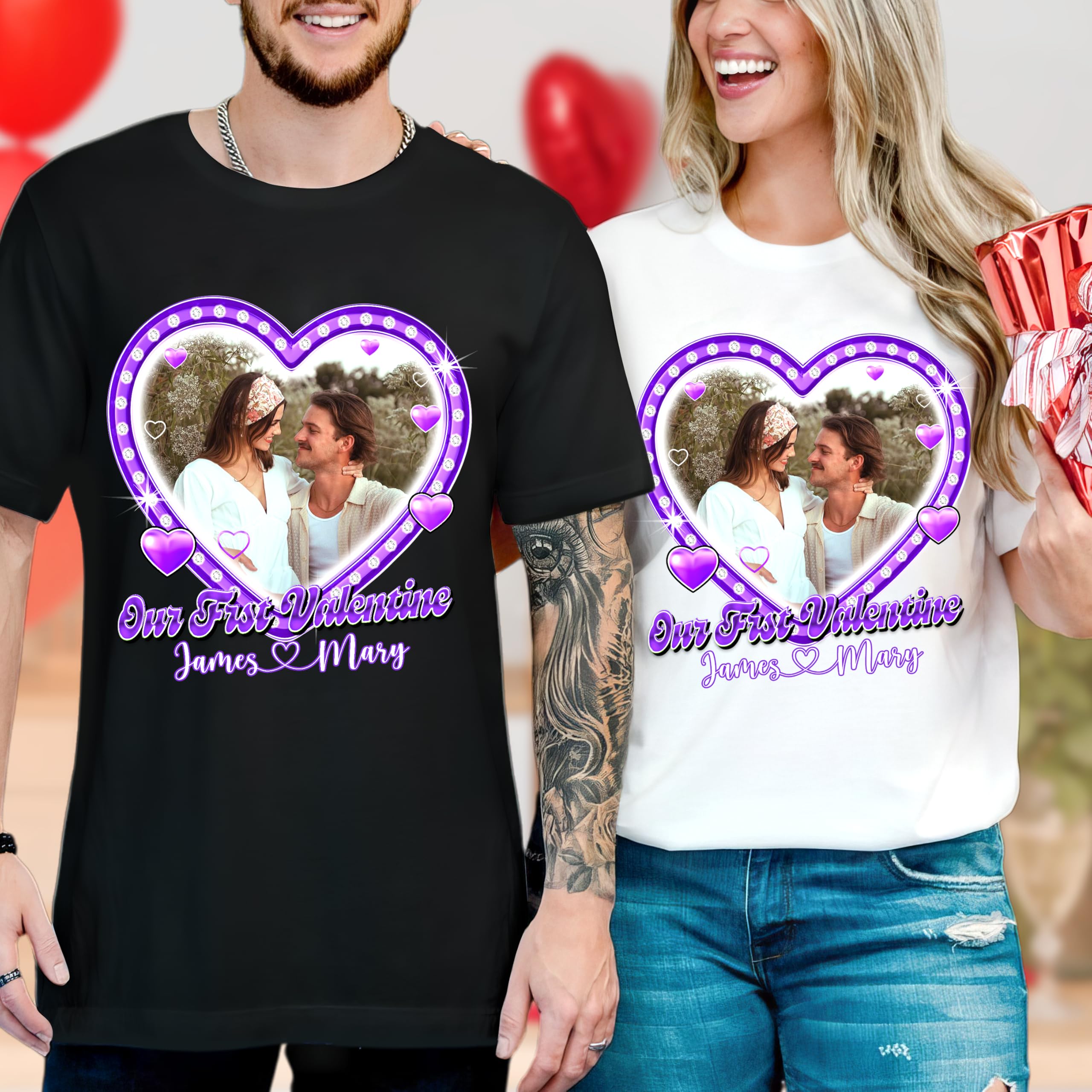 Custom Shirt with Picture - Unisex Adult T-Shirt - Large - Style 108 - Classic Fit - Crew Collar - Long Sleeve - Cotton Blend - Letter Print - Valentine - Customizable - Machine Wash
