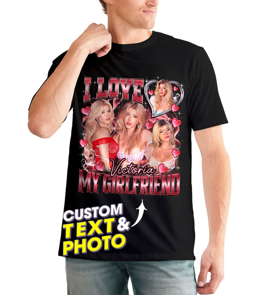 Personalized I Love My Girlfriend Shirt for Boyfriend - Unisex Adult T-Shirt - Large - Style 109 - Custom Photo - Custom Text - Vintage Bootleg Rap Tee - Valentine's Day Gift