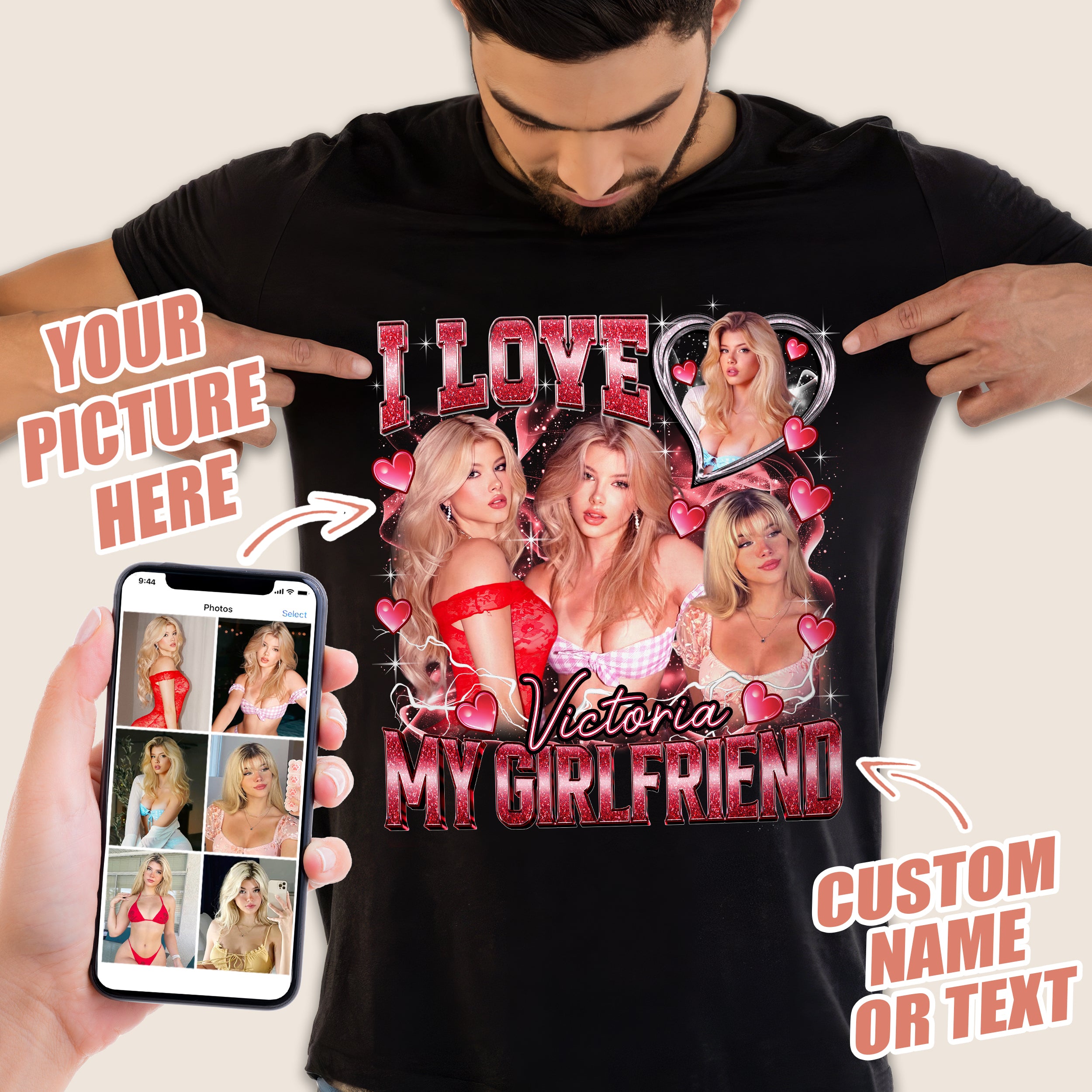 Personalized I Love My Girlfriend Shirt for Boyfriend - Unisex Adult T-Shirt - Large - Style 109 - Custom Photo - Custom Text - Vintage Bootleg Rap Tee - Valentine's Day Gift
