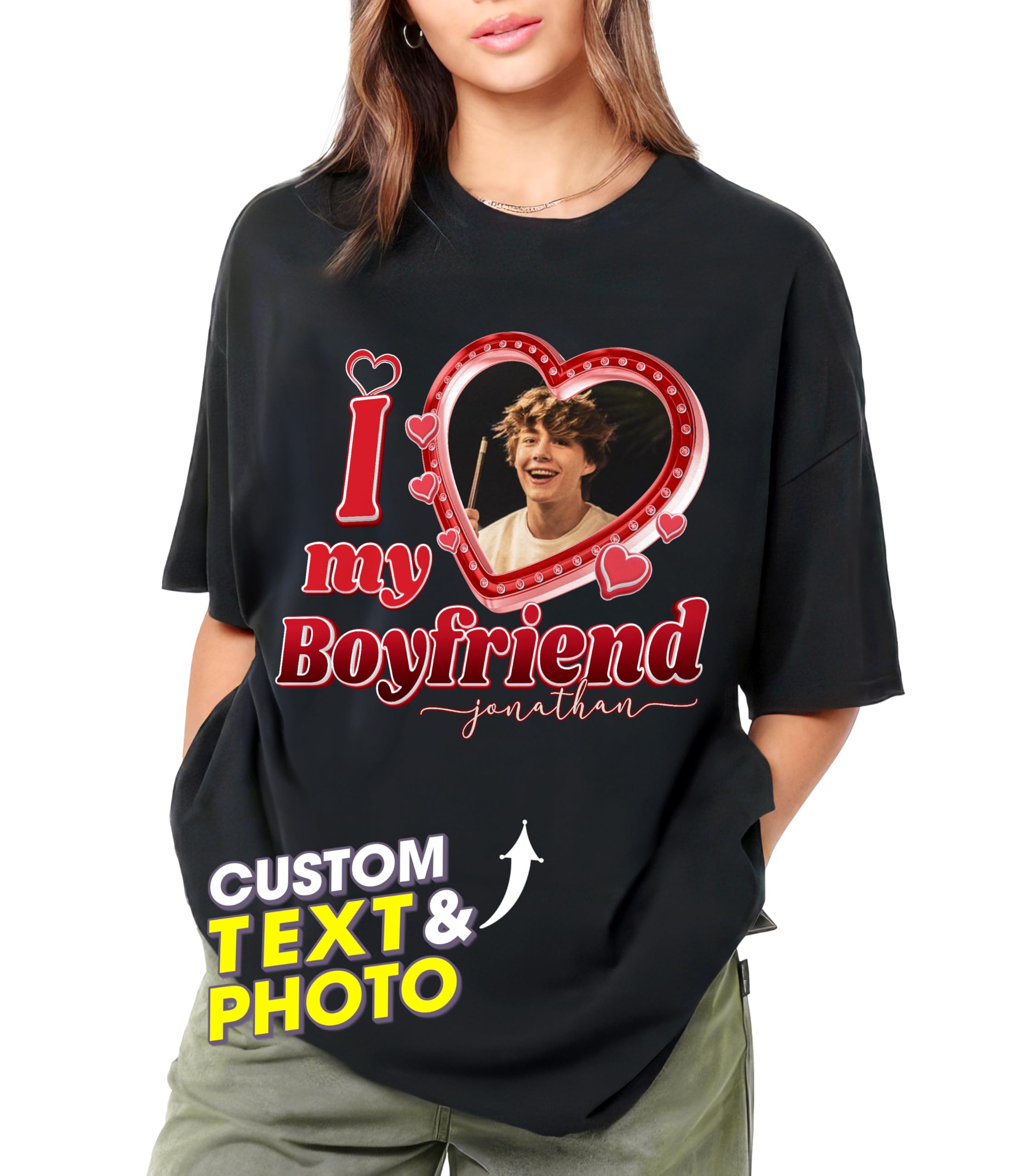 Personalized I Love My Boyfriend Shirt Custom Girlfriend Shirts for Boyfriend Custom I Heart My Gf Bf Shirts with Picture on Shirt for Couple Valentine Christmas