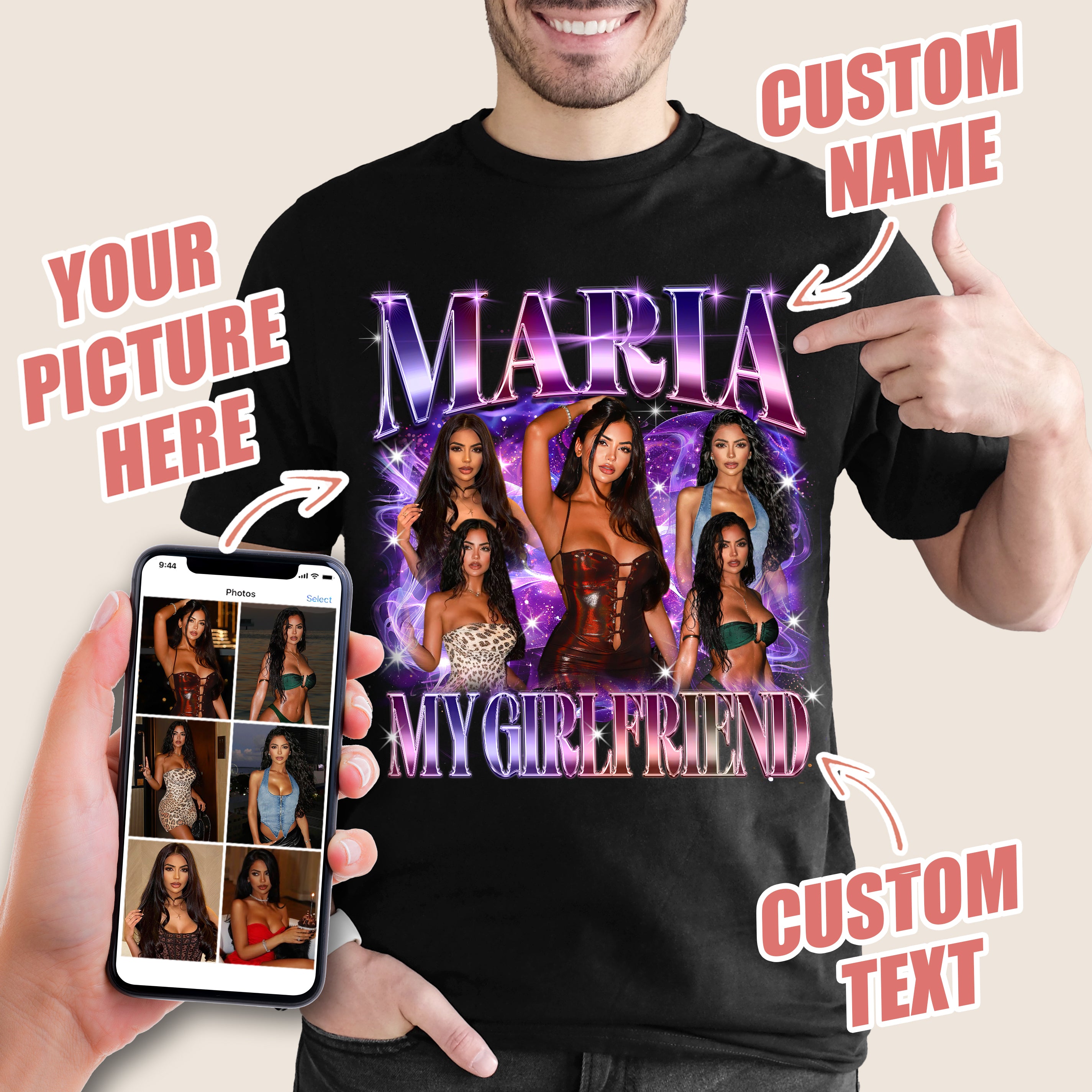 Custom Bootleg Rap Tee Girlfriend Shirts for Boyfriend Custom Face Tshirt Personalized Photo Tshirt Vintage Graphic Tees Shirt Gift Idea for Valentine, Christmas