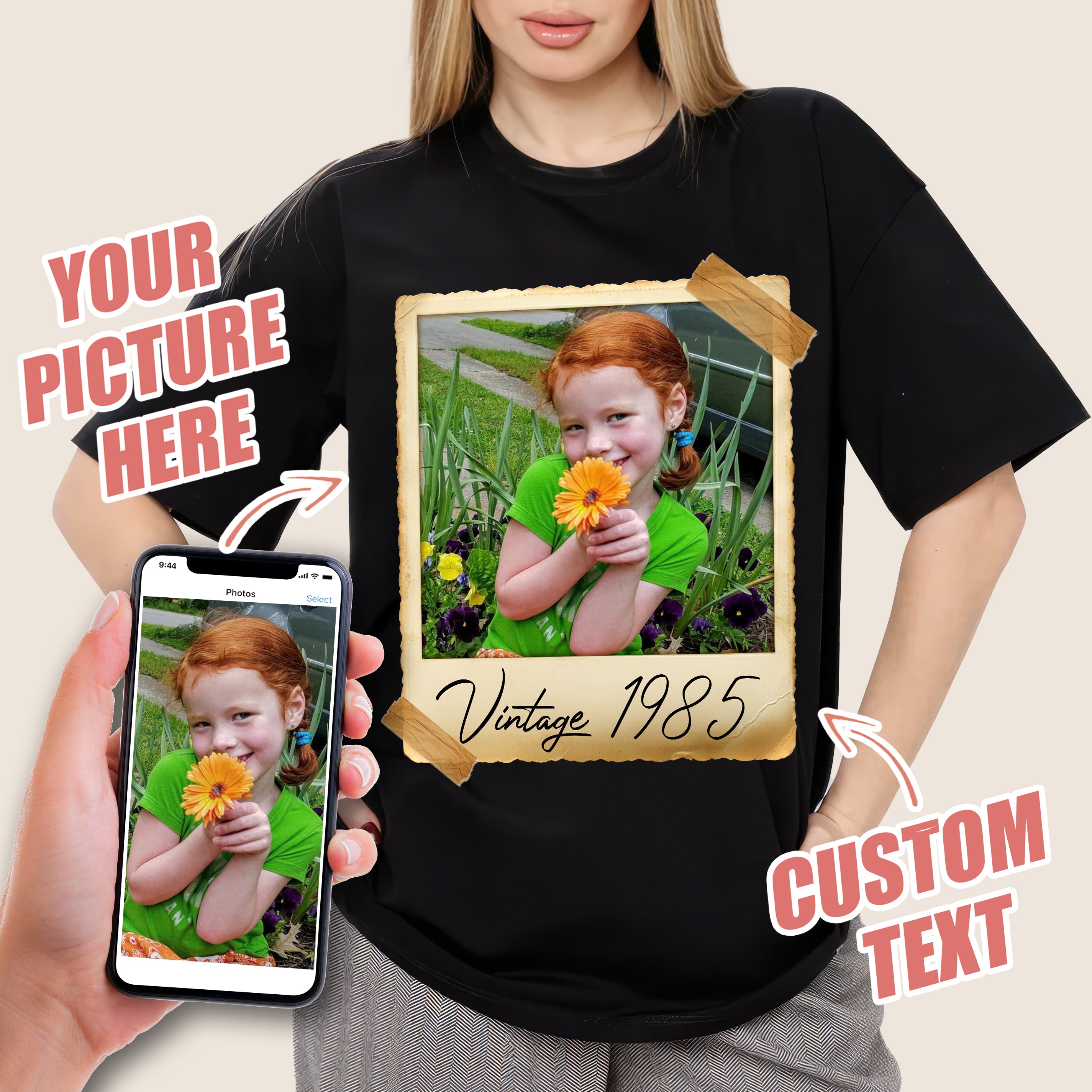 Custom T Shirts with Photo and Year Birthday Shirts for Women Personalized Tshirt with Picture Shirt Custom Face Shirt Vintage Tees for Men Customize Gift for Birthday