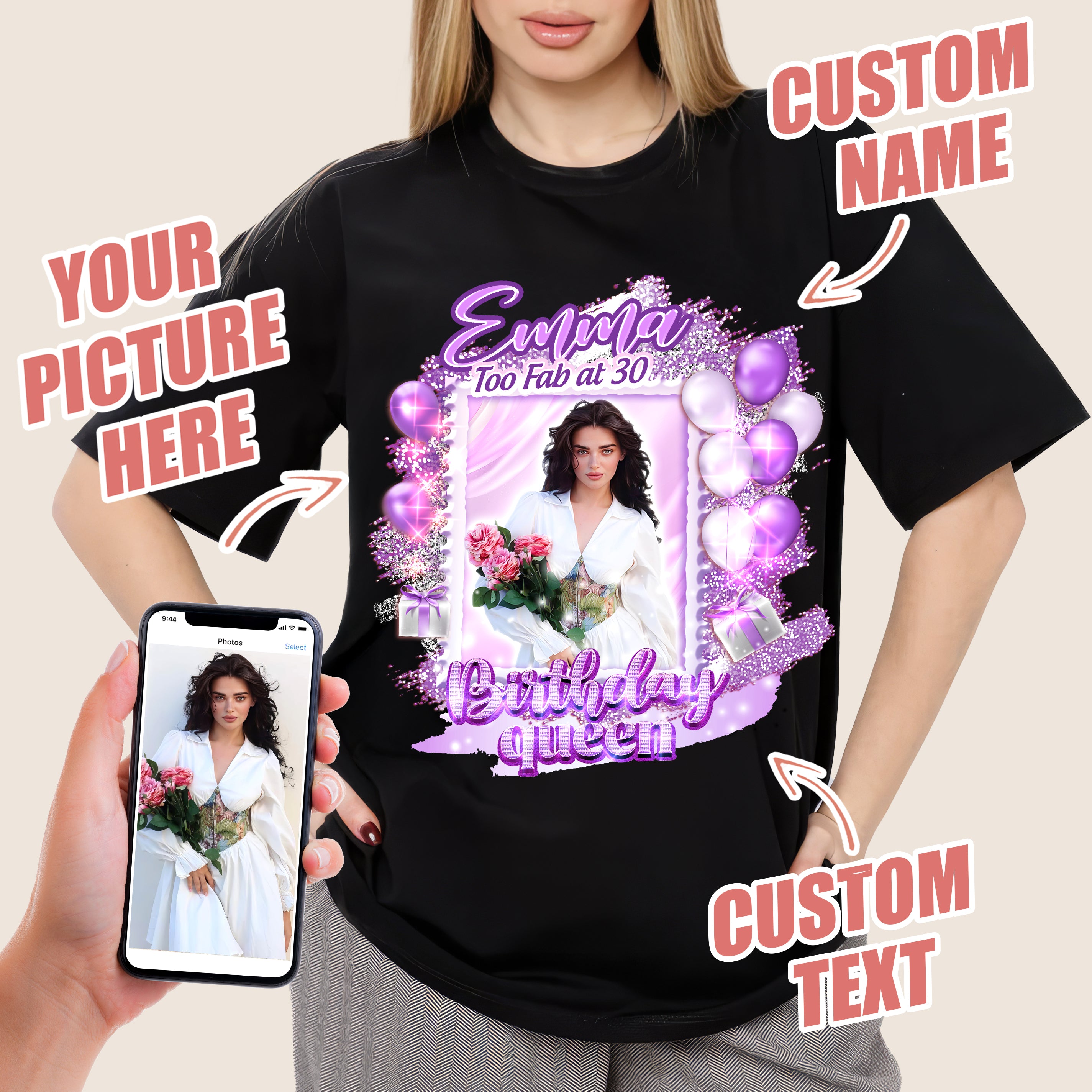 Custom Shirt with Picture Birthday Shirts for Women Custom T-Shirt for Birthday Picture Shirt with Photo Tshirt Customize Tshirt 30th for Women Gift