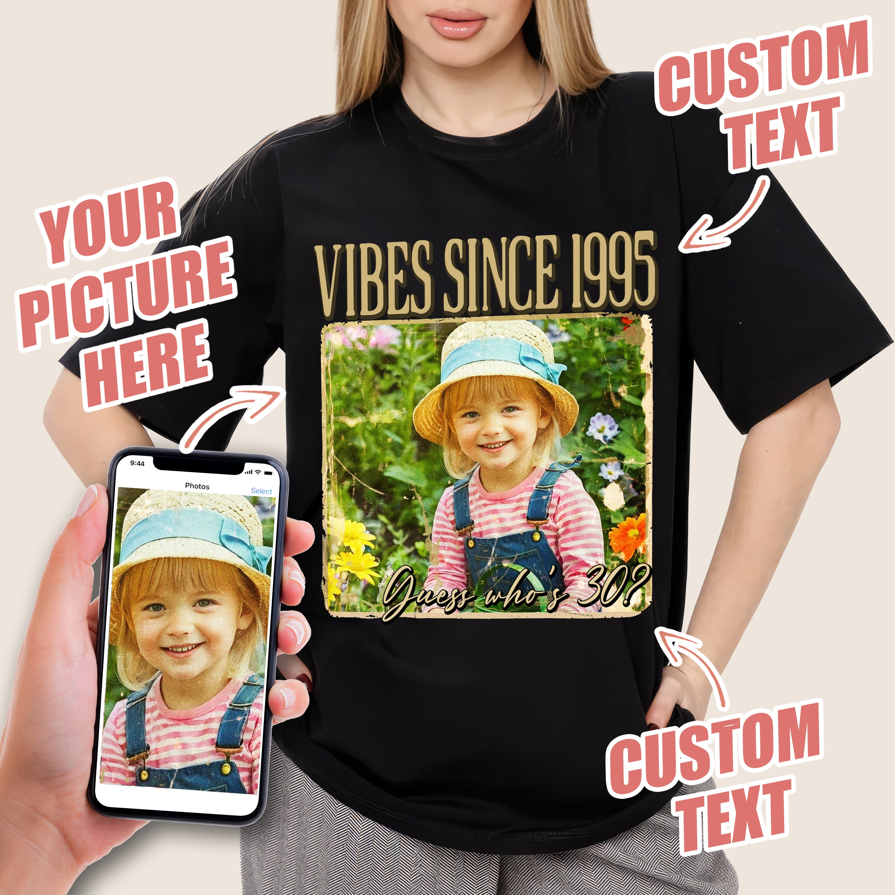 Custom Vintage Photo Shirt with Picture and Year Custom Birthday Picture Shirt with Photo Face Tshirt Vintage Birthday Shirts for Women Personalized Tshirt for Woman, Men