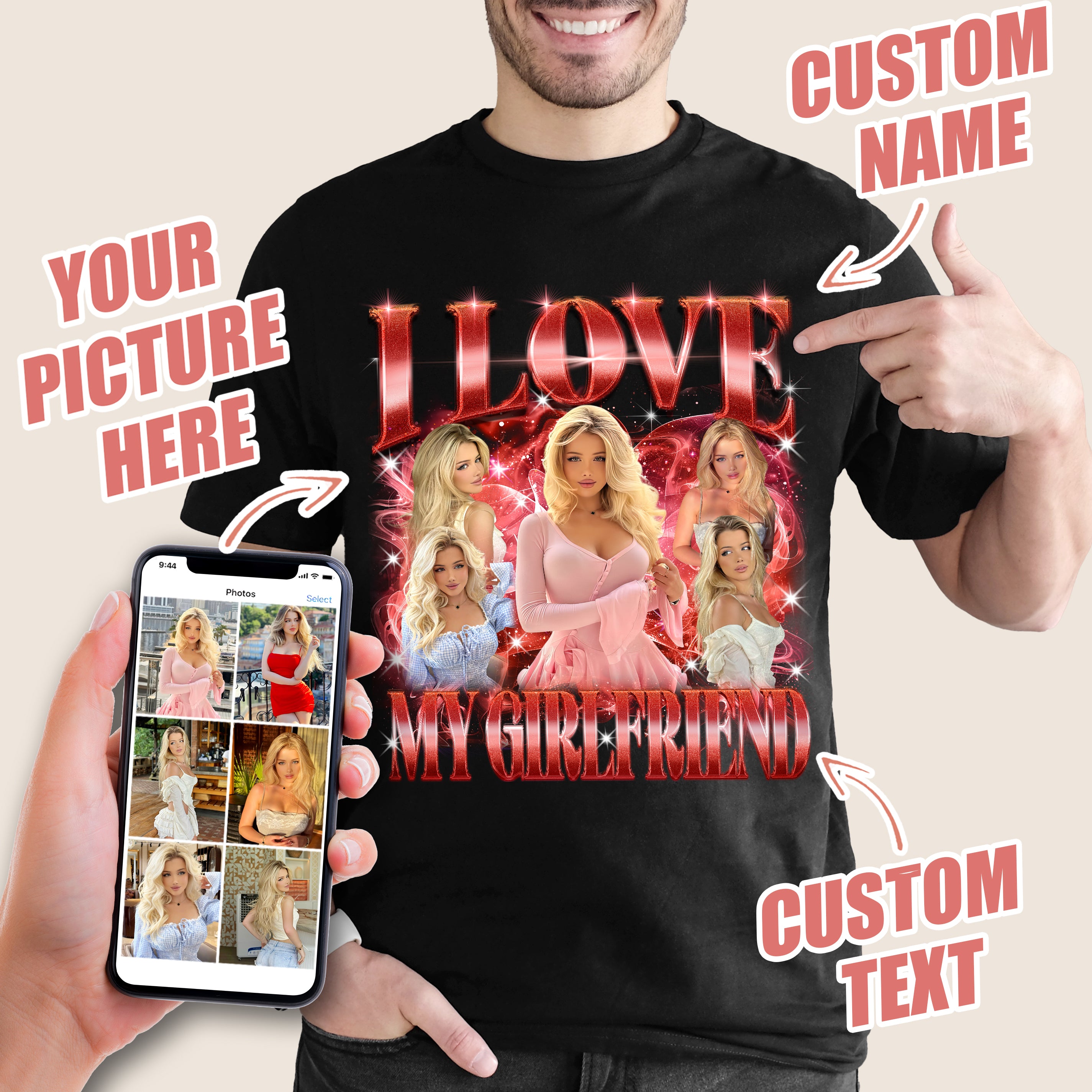 Custom I Love My Girlfriend T Shirt for Boyfriend Shirt with Girlfriend Face Tshirt Custom Your Own Bootleg Rap Tee Shirts with Picture on Shirts for Him/Her on Valentine