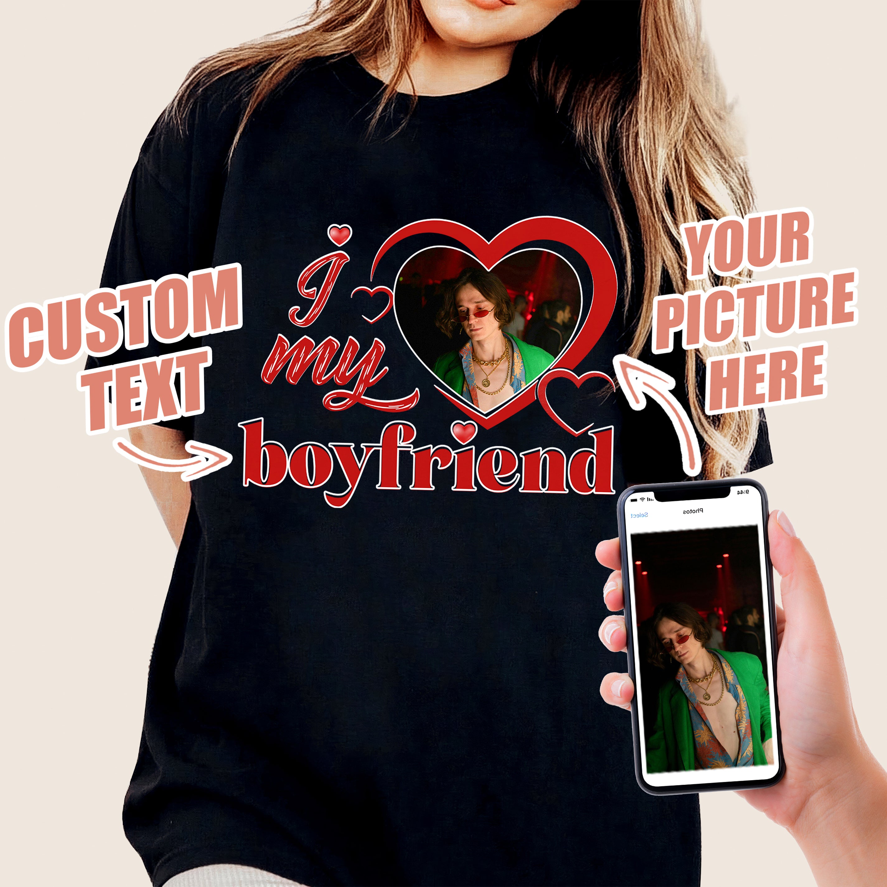 Custom I Love My Boyfriend Girlfriend T Shirt with Face Tshirt for Boyfriend Personalized I Heart My bf T Shirts with Picture on Shirt for Couple Valentine Christmas