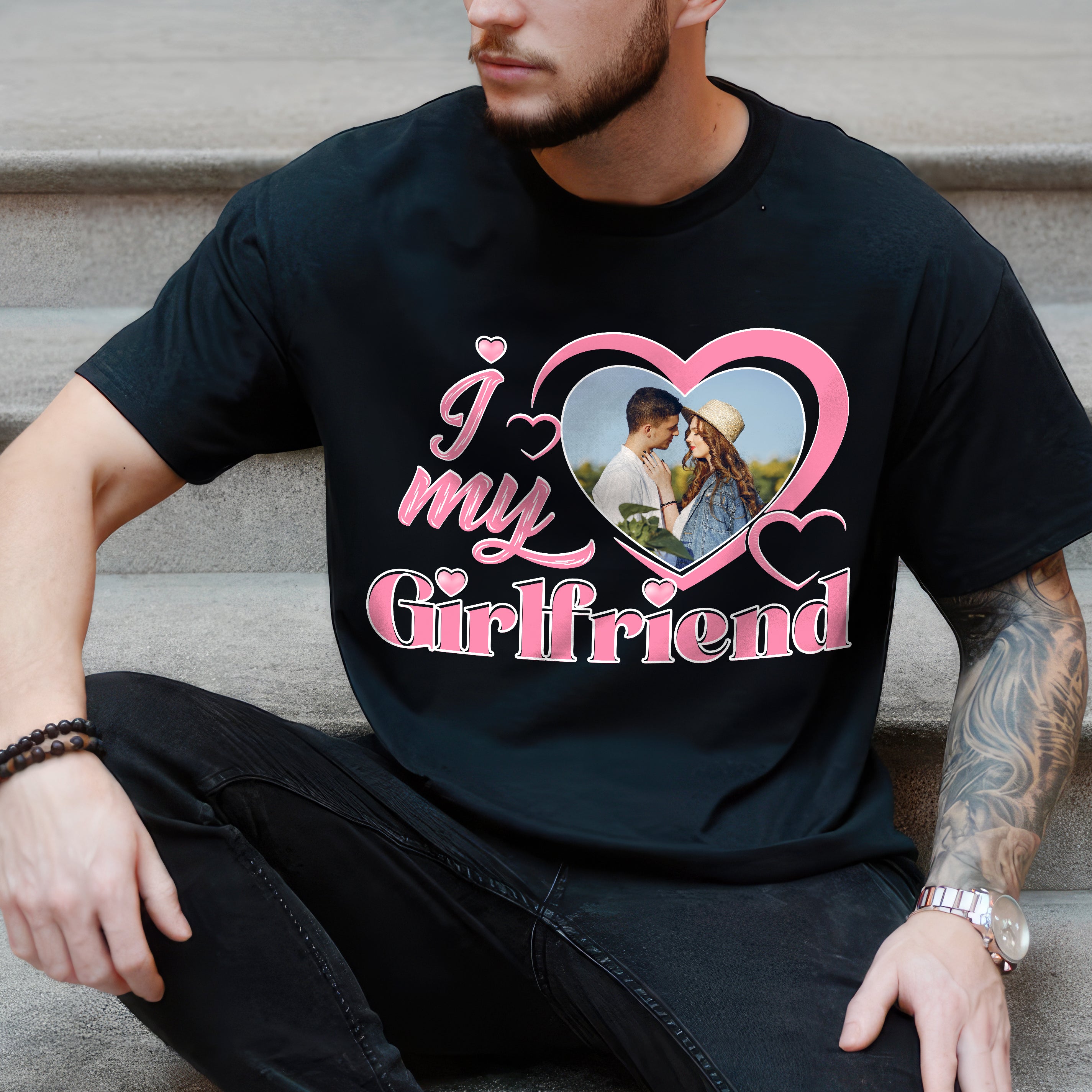 Custom I Love My Boyfriend Girlfriend T Shirt with Face Tshirt for Boyfriend Personalized I Heart My bf T Shirts with Picture on Shirt for Couple Valentine Christmas