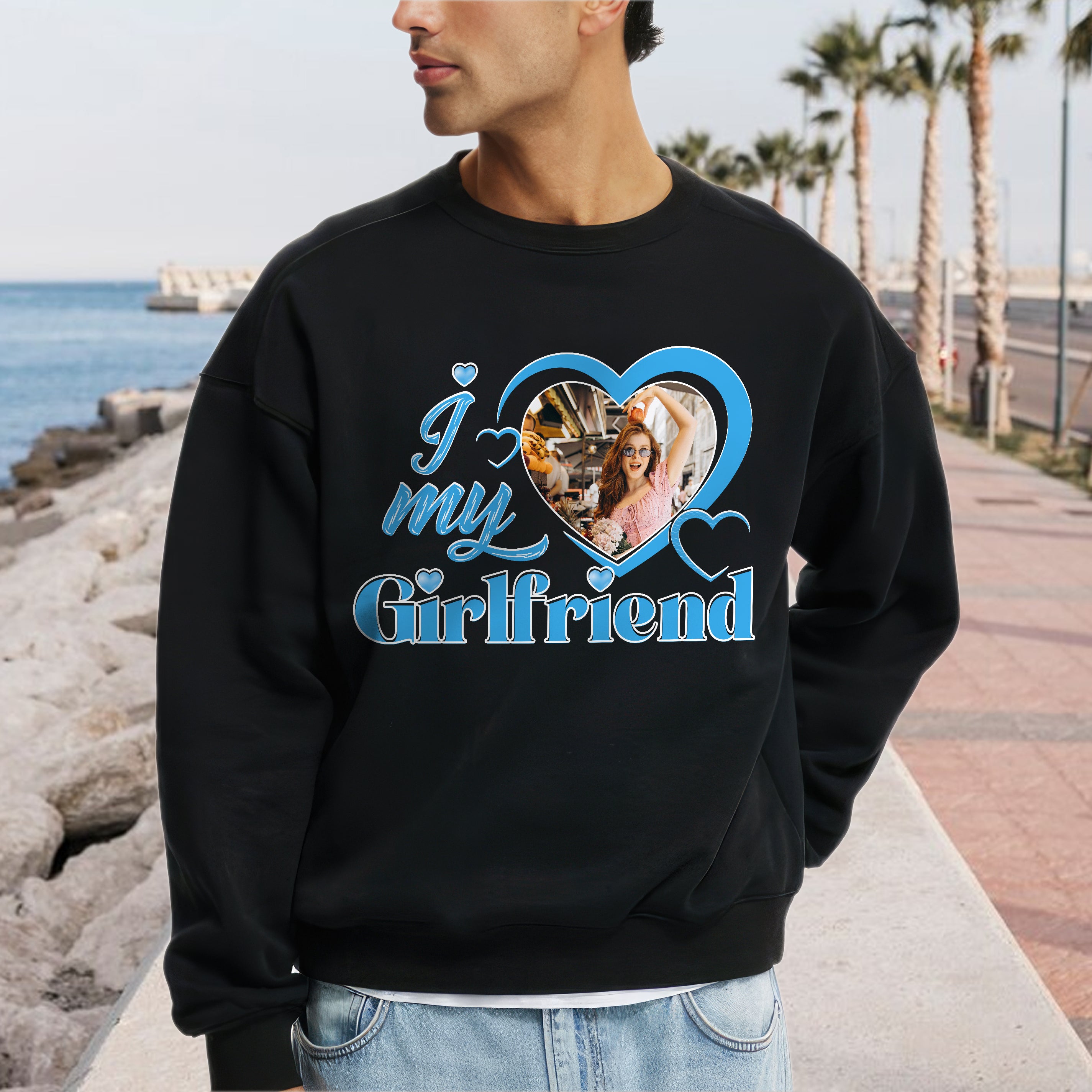 Custom I Love My Boyfriend Girlfriend T Shirt with Face Tshirt for Boyfriend Personalized I Heart My bf T Shirts with Picture on Shirt for Couple Valentine Christmas