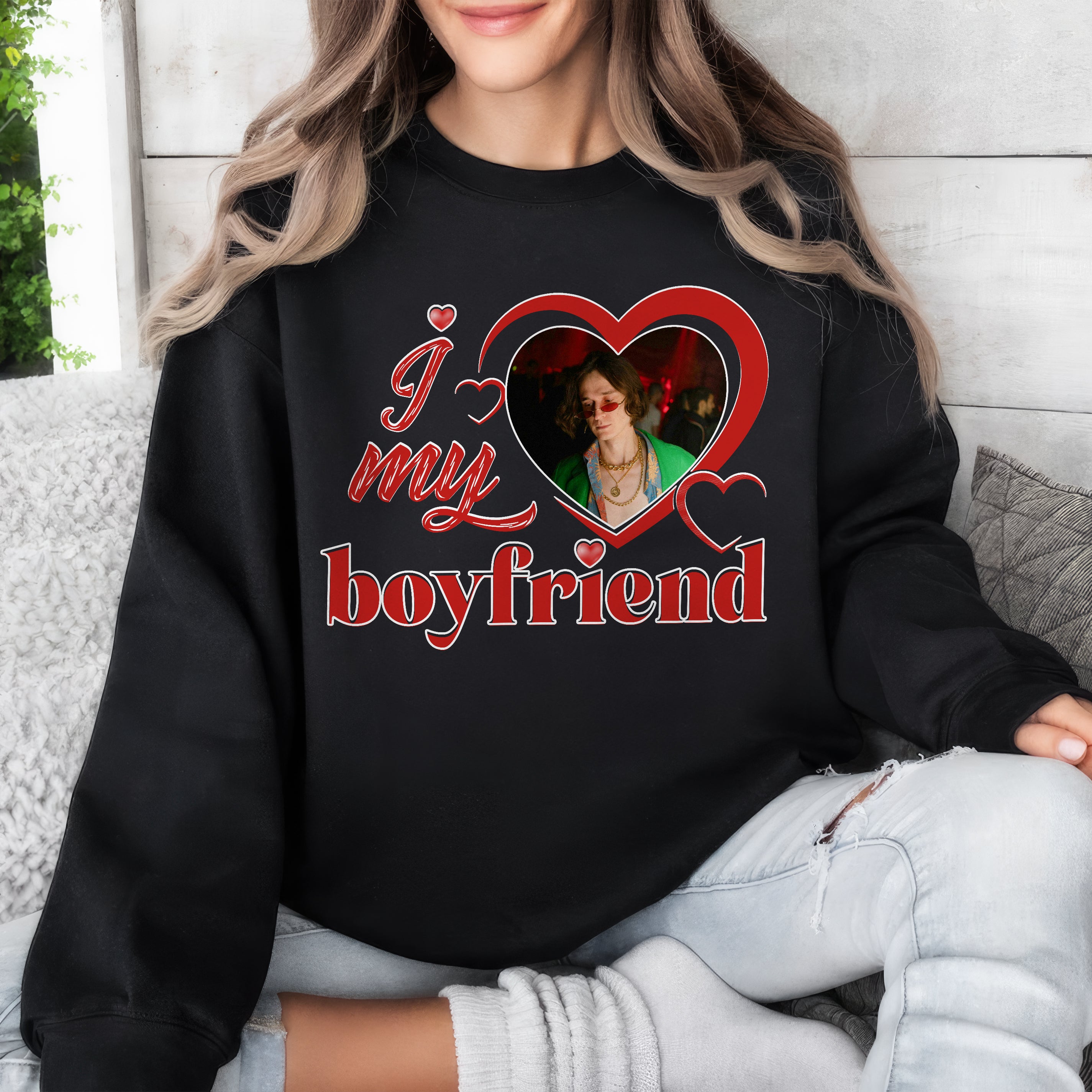 Custom I Love My Boyfriend Girlfriend T Shirt with Face Tshirt for Boyfriend Personalized I Heart My bf T Shirts with Picture on Shirt for Couple Valentine Christmas